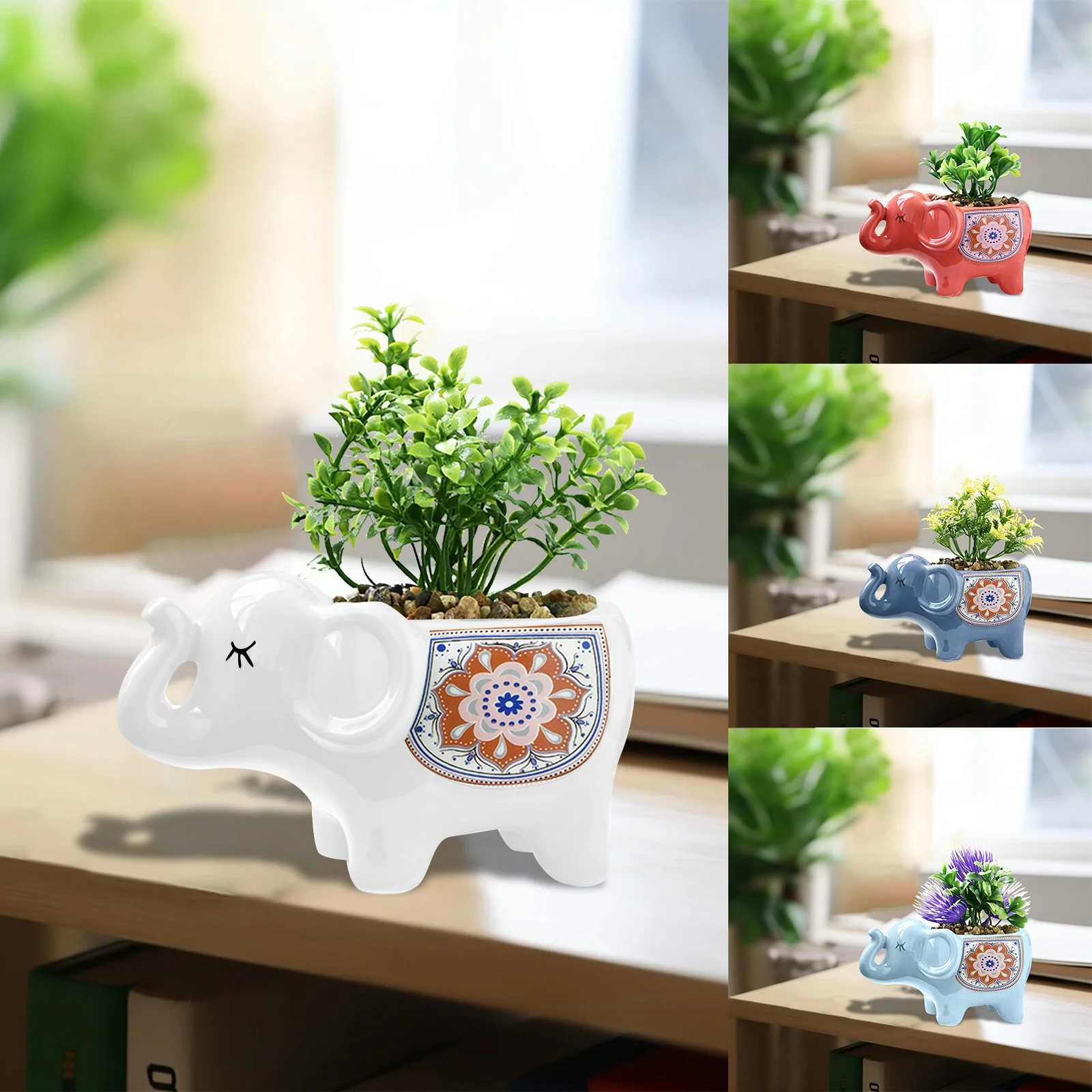 4PCS Cute Elephant Flower Pot With Hole Creative Funny Planter For Indoor Outdoor For Pencil Holder Desk Storage Cement Flower Pot Saucer