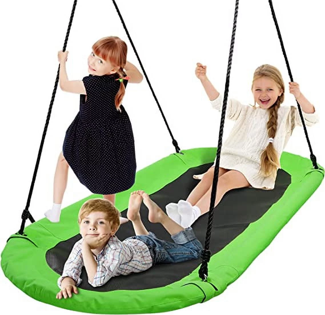 SereneLife Alloy Steel Outdoor Spinner Saucer Hanging Tree Swing Oval Shape W/ Rope Straps, (Green)