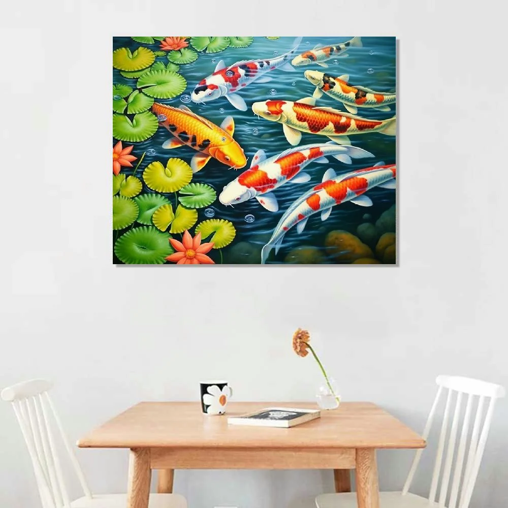 COMIO Nine Koi Fish Feng Shui Carp Lotus Pond Pictures Abstract Canvas Painting Wall Art Modern Home Decor Wall Decor