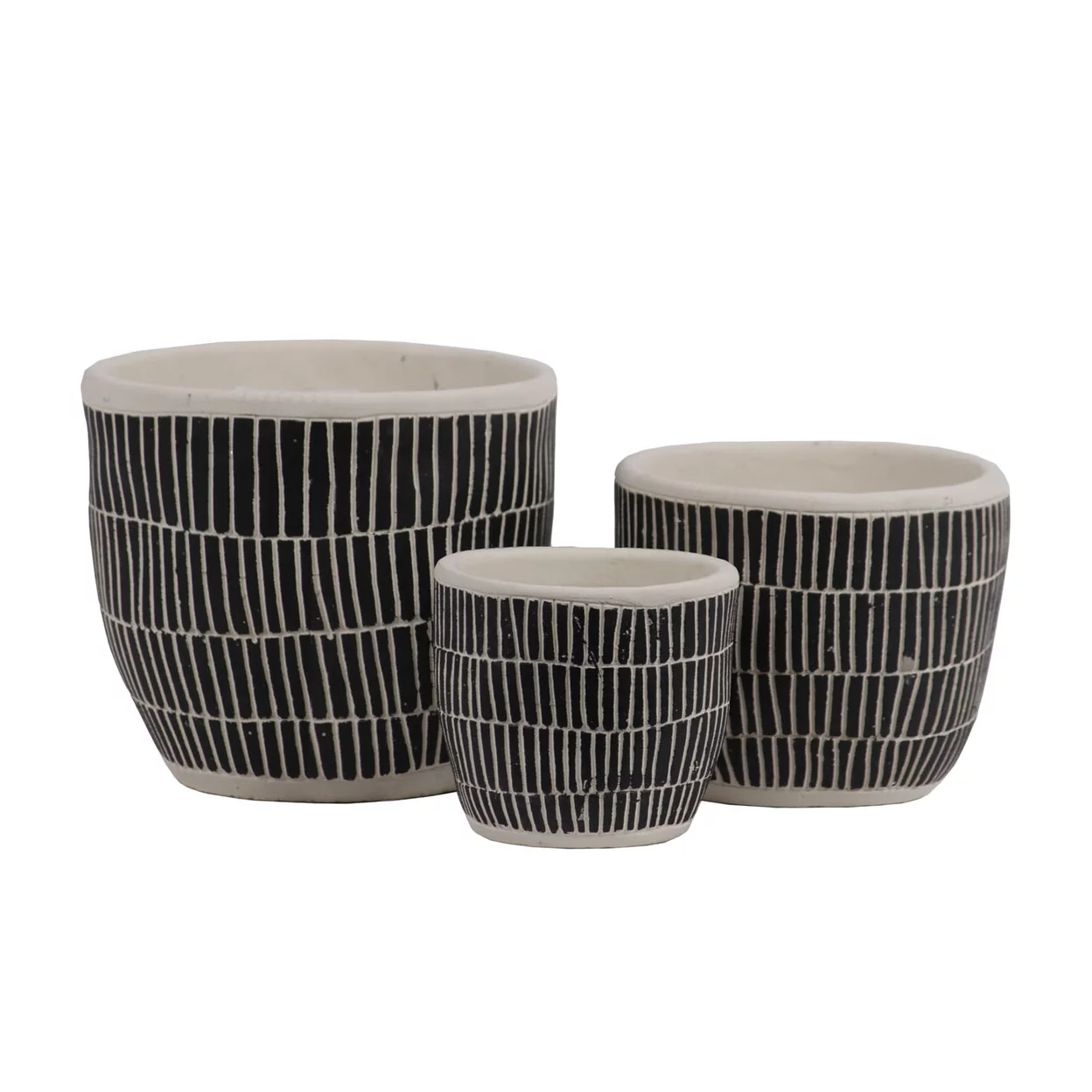 Ceramic Round Pot with Banded Rim Top and Bottom, Embossed Lattice Rectangle Design, Irregular Body and Tapered Bottom
