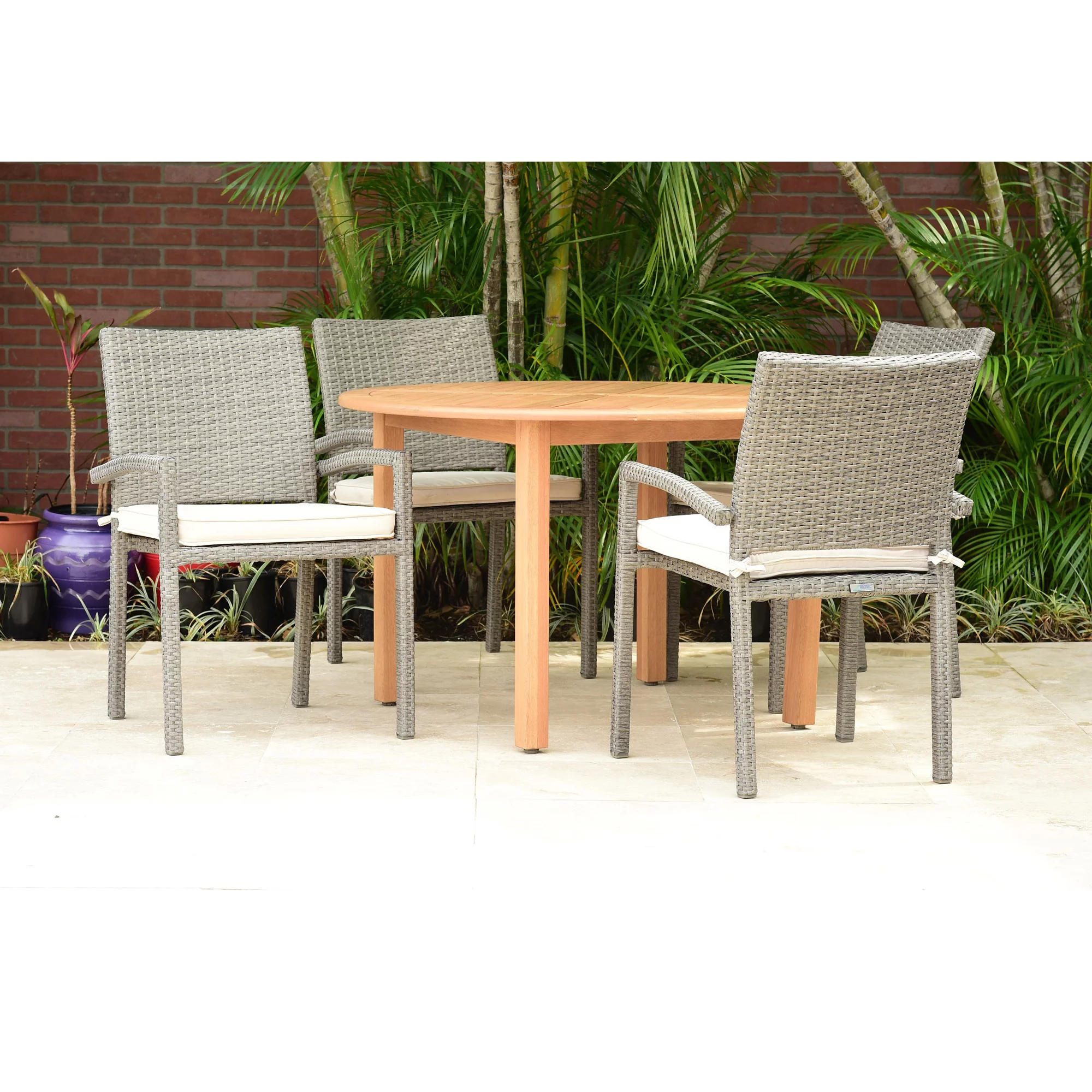 Outdoor Living and Style 5 Piece White, Gray, and Teak Brown Elegant Outdoor Patio Dining Set 3.75'