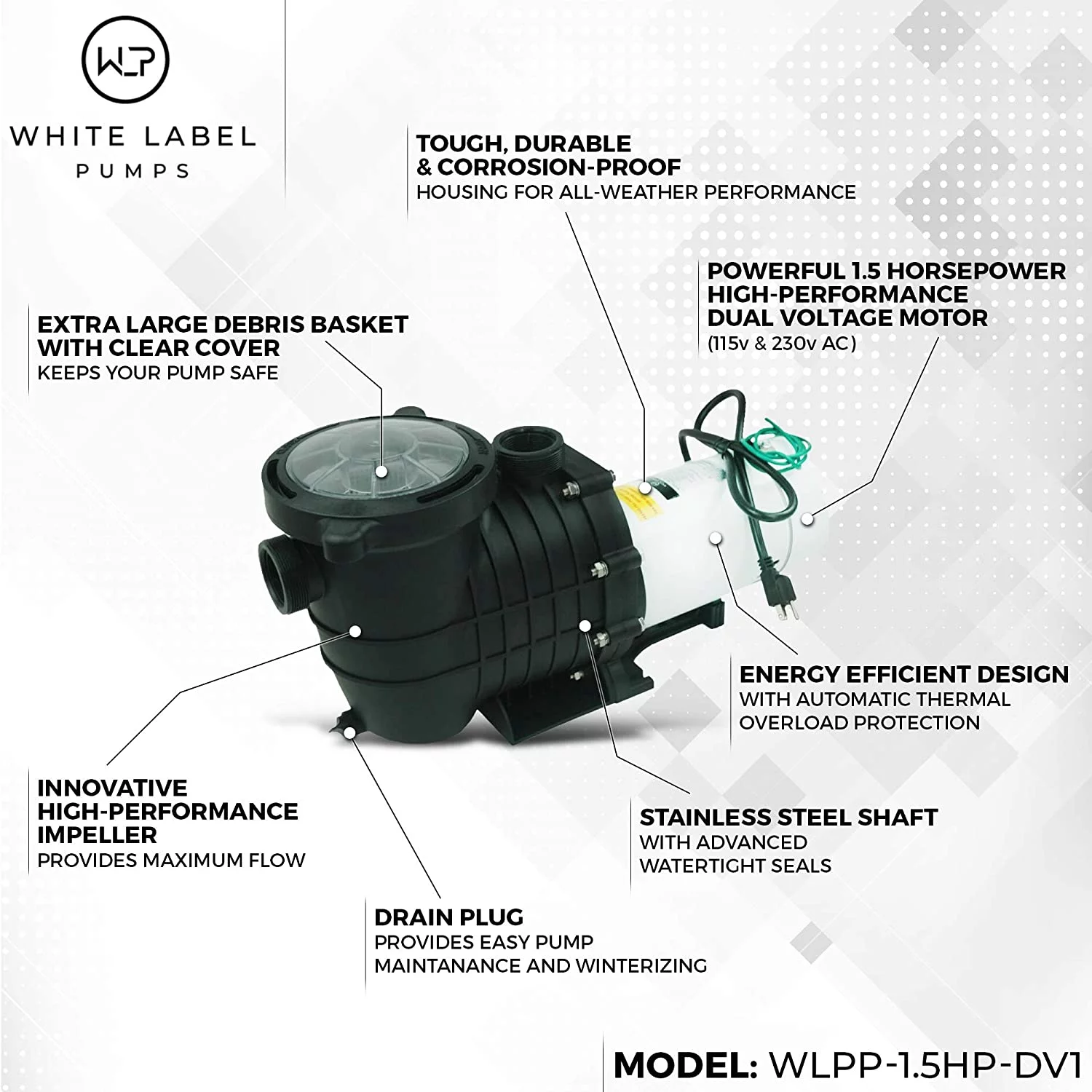White Label In-Ground Pool Pump - 110-120V/220-240V, 1.5HP, 110GPM, Wall Plug