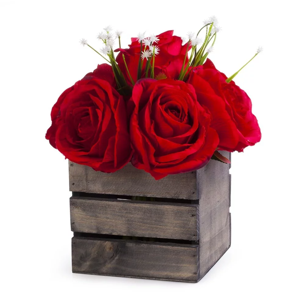 Enova Home  Artificial Mixed Silk Roses Fake Flowers Arrangement with Wood Planter for Home Wedding Centerpiece Red