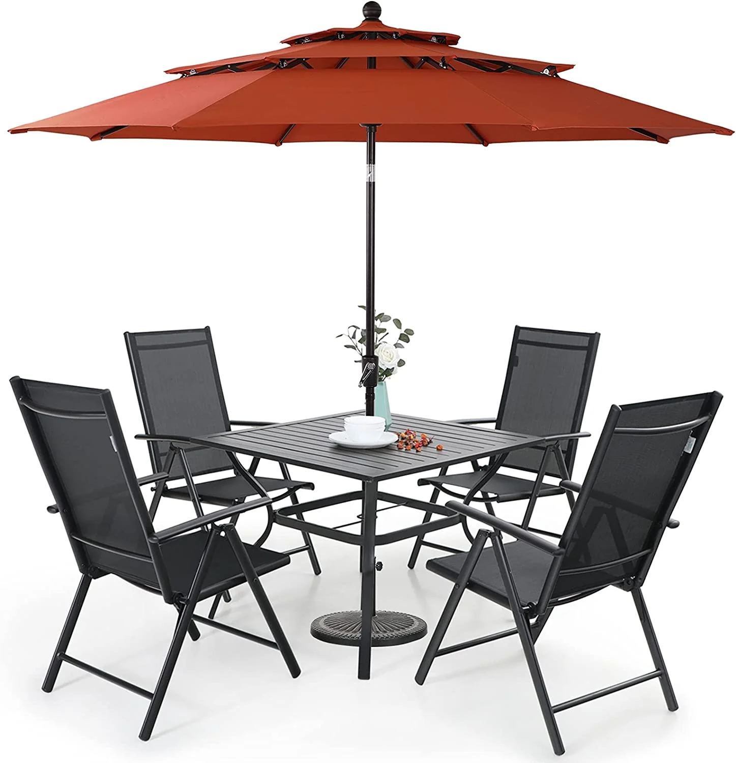 & William Outdoor 6 Pieces Dining Set with 4 Rattan Chairs  1 Metal Table and 1 10ft 3 Tier Auto-tilt Umbrella(No Base) Orange Red  Modern Patio Furniture for Poolside  Porch  Patio