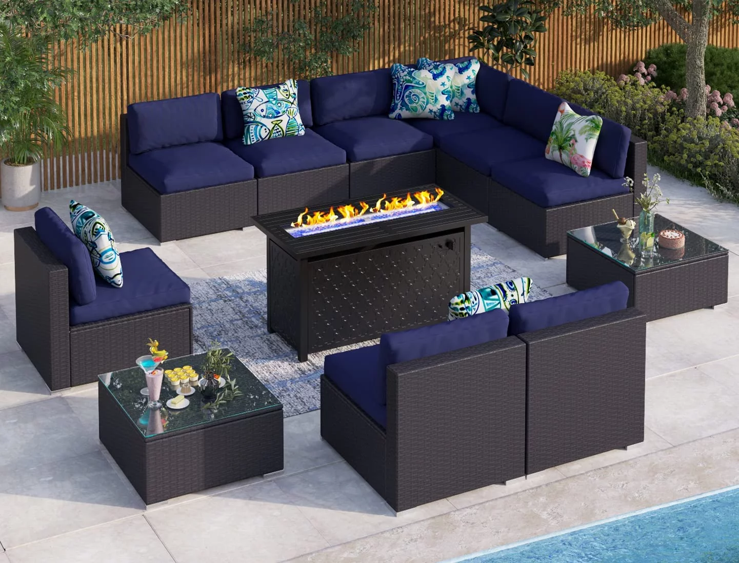 8 Pieces Patio Furniture Set with 45" Plate Embossing Propane Fire Table Outdoor PE Rattan Sectional Sofa Set Patio Gas Fire Pit Conversation Set with Blue Cushions & Glass Table