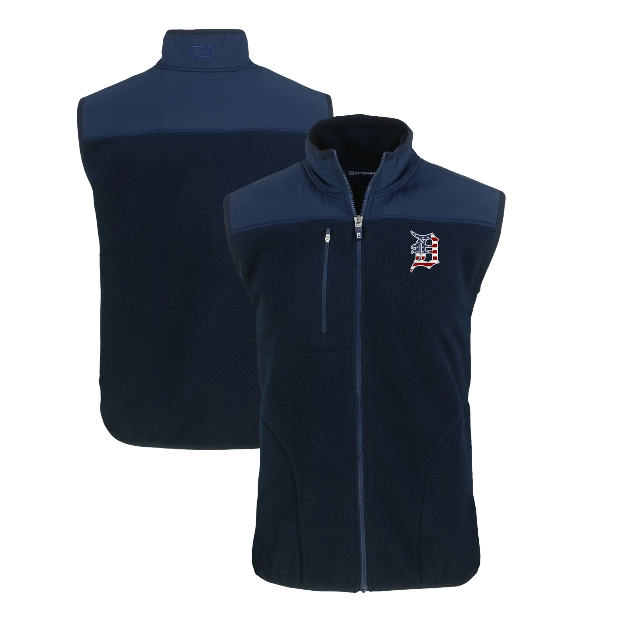 Men's Cutter & Buck  Navy Detroit Tigers Stars & Stripes Big & Tall Cascade Eco Sherpa Fleece Full-Zip Vest