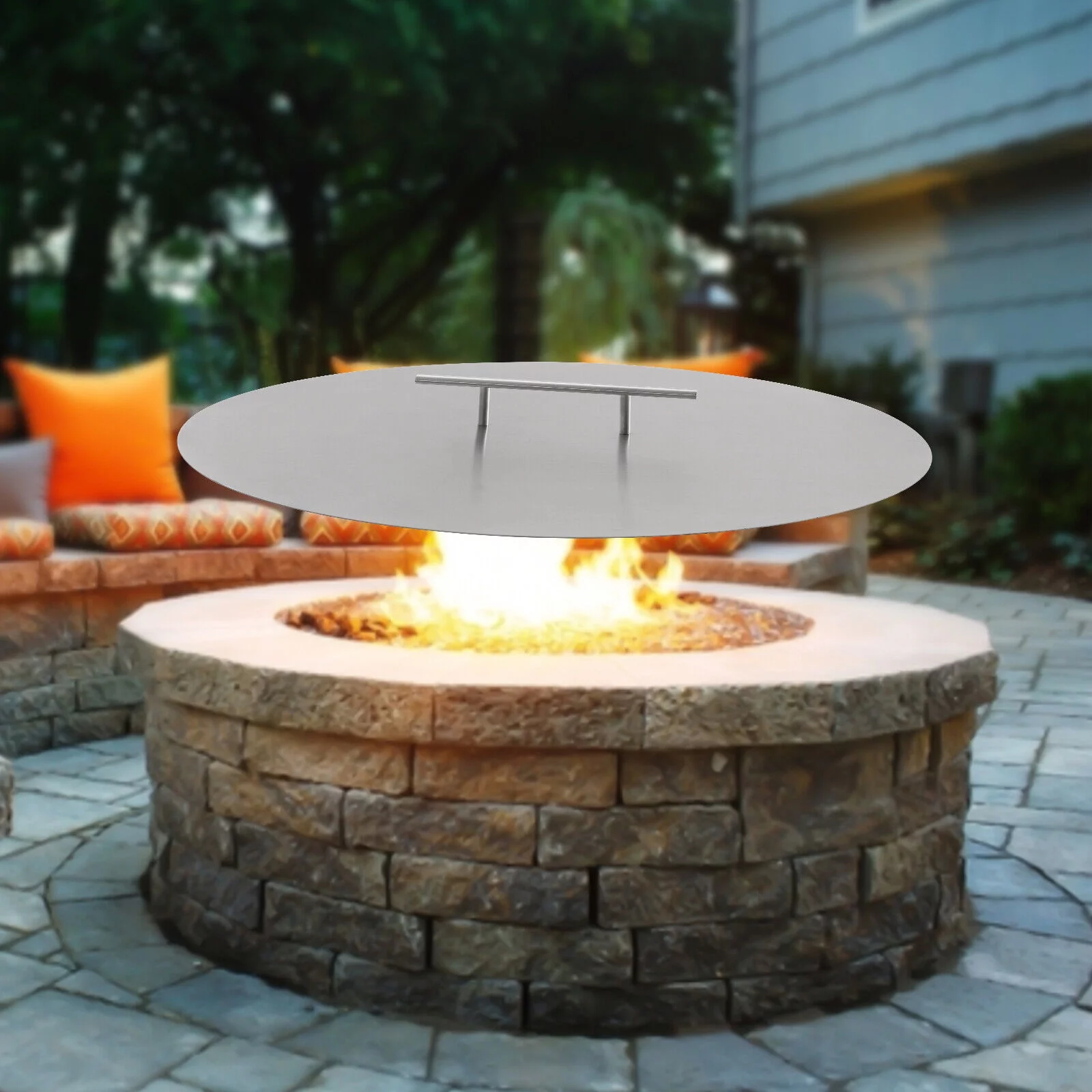 Stainless Fire Pit Heat Deflector Round Cover Lid w/ handle for Indoor Outdoor