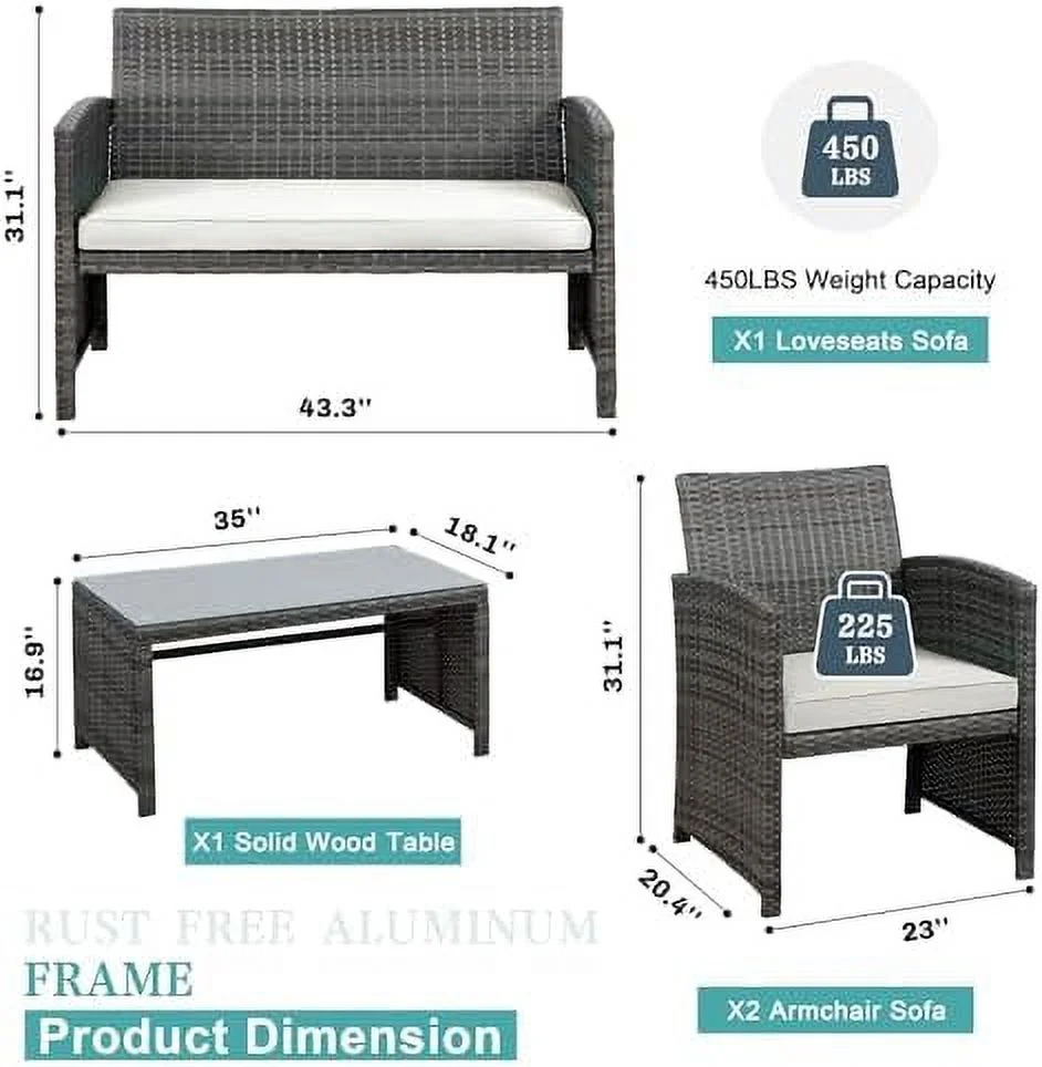 HYHBIBOOM 4 Pieces Outdoor Patio  Sets Conversation Sets Rattan Chair Wicker Set Coffee Table Outdoor Indoor Use Backyard Porch Garden Poolside Balcony (Grey Rattan/Sky Blue)