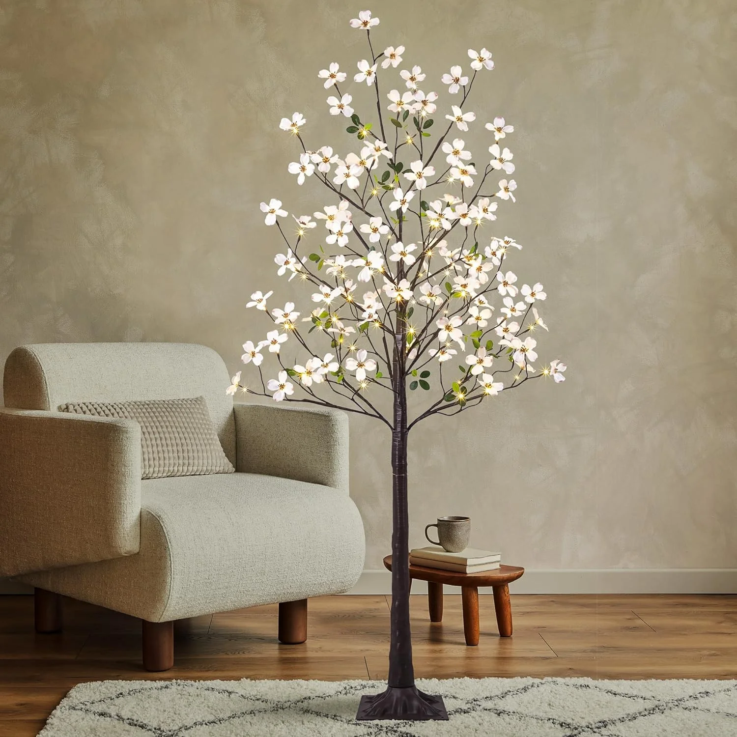 6FT Lighted Dogwood Flower Tree 120L Artificial Plat With Berries Warm White Lights For Sprig Idoor Outdoor Home Party Weddig Decoratio
