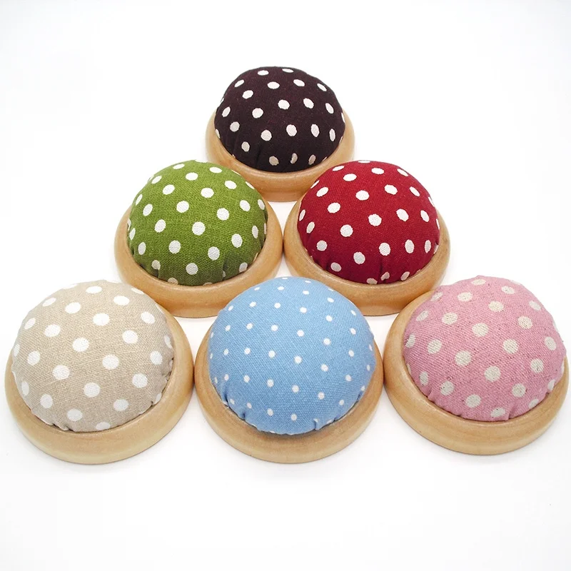 NAMZI Round Pin Cushion with Wooden Base and Printed Floral Fabric Coated for Daily Needlework (Pink)