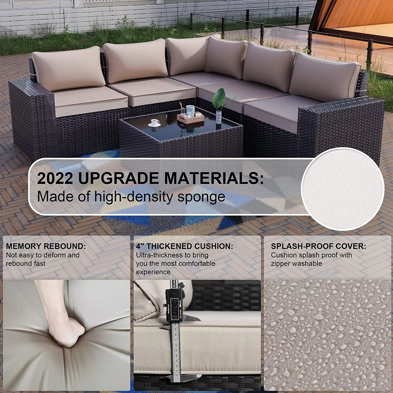 Outdoor Patio Furniture Set 6 Pieces Sectional Rattan Sofa Set Brown PE Rattan Wicker Patio Conversation Set with 5 Navy Blue Seat Cushions and 1 Tempered Glass Table