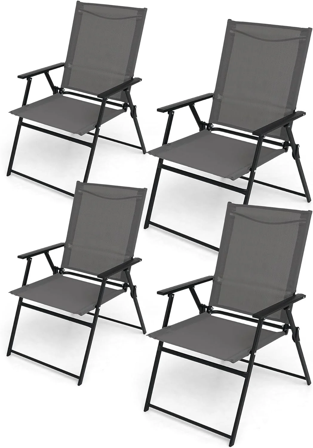 4 Pieces Patio Folding Chairs, Outdoor Portable Dining Chairs for Outdoor & Indoor, Sling Back Chairs with Armrests for Lawn, Pool, Courtyard, Balcony & Garden Set of 4 Grey