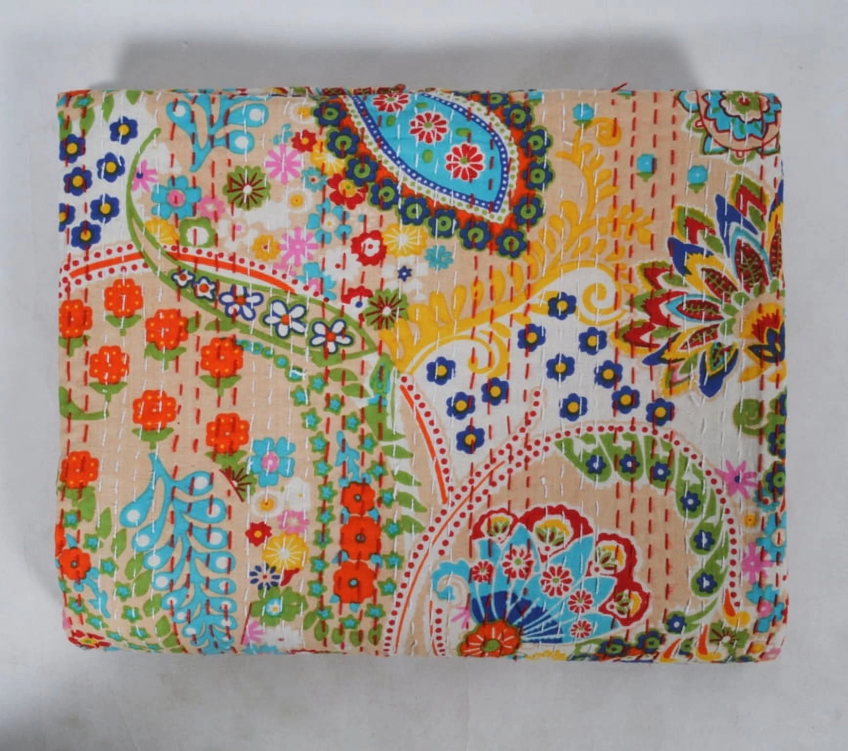 Reversible Bohemian Blanket Beige Paisley Hand Quilted Coverlet Indian Handmade Beige Cotton Kantha Quilts Bedspread Bedding Hippie Throw Ralli