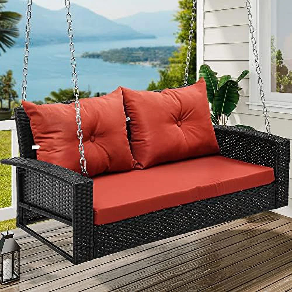 JYHOME Wicker Hanging Porch Swing Chair Outdoor Brown Rattan Patio Swing Lounge w/ 2 Back Cushions Capacity 530lbs for Garden  Balcony  Living Room  Beige