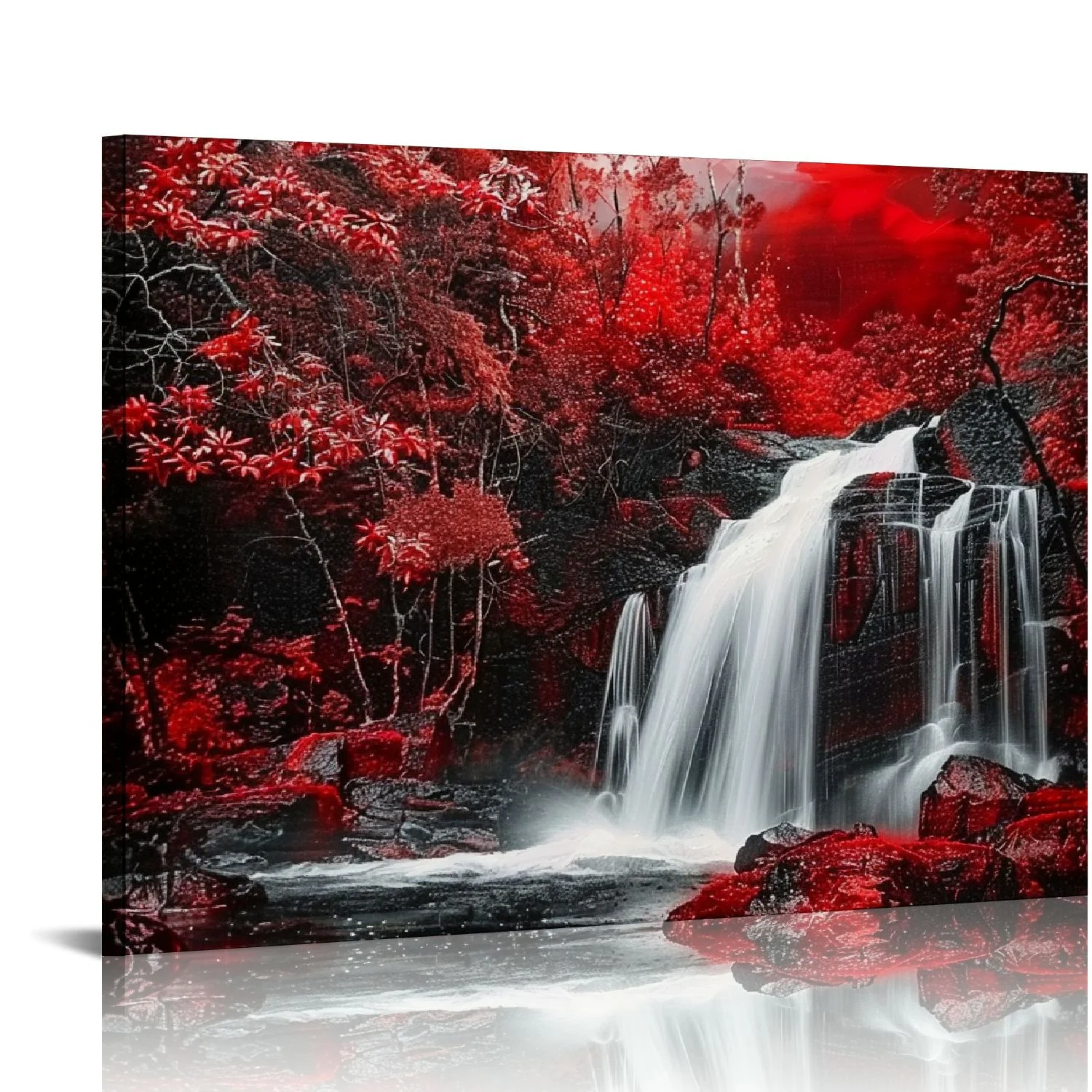 CANFLASHION Forest Canvas Wall Art Red and Black Bathroom Wall Decor Fall Pictures Mountain Waterfall Landscape Poster Tropical Tree Painting Nature Scenery Artwork for Living Room Home Decorations