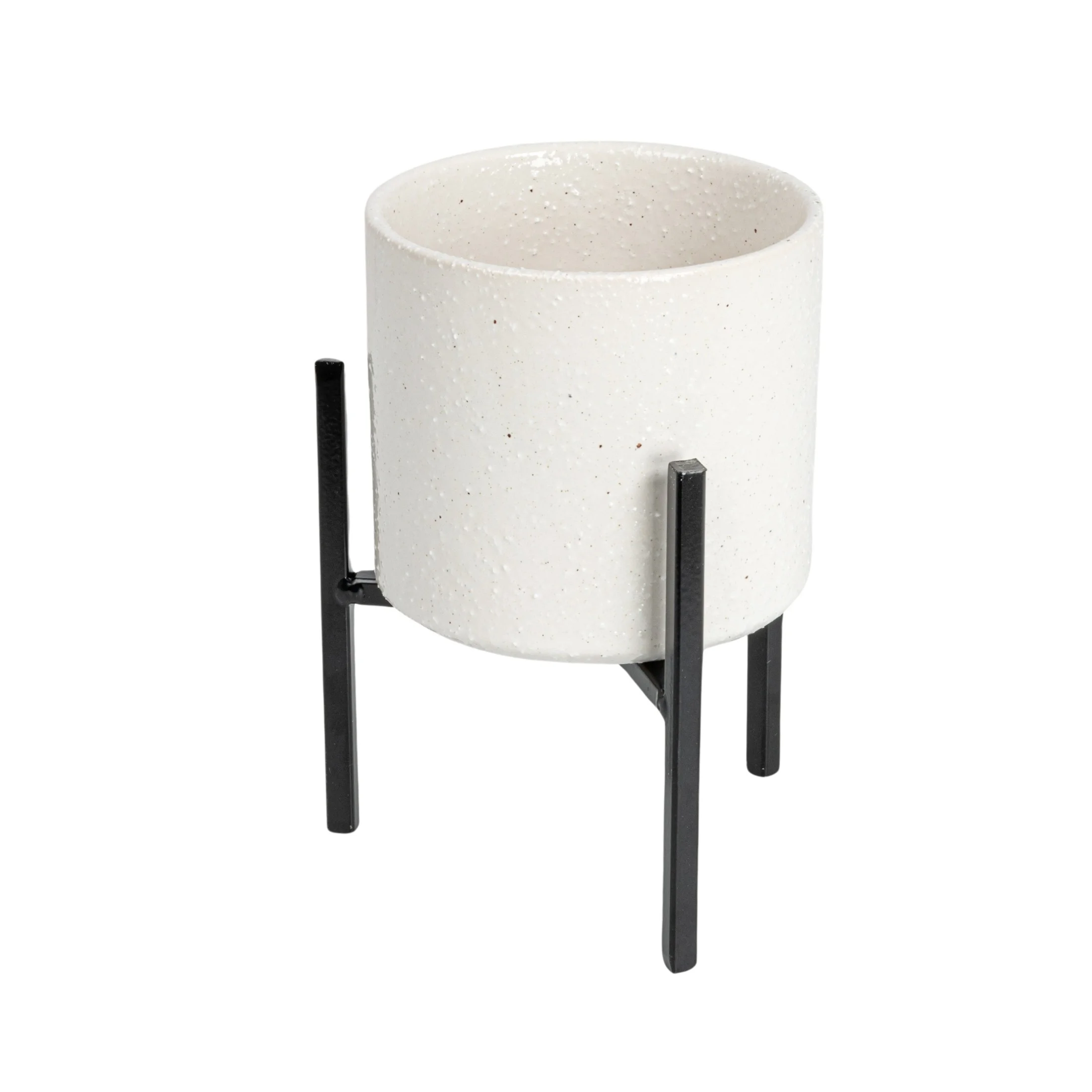 Bloomingville Small White Stoneware Flower Pot with Black Metal Stand