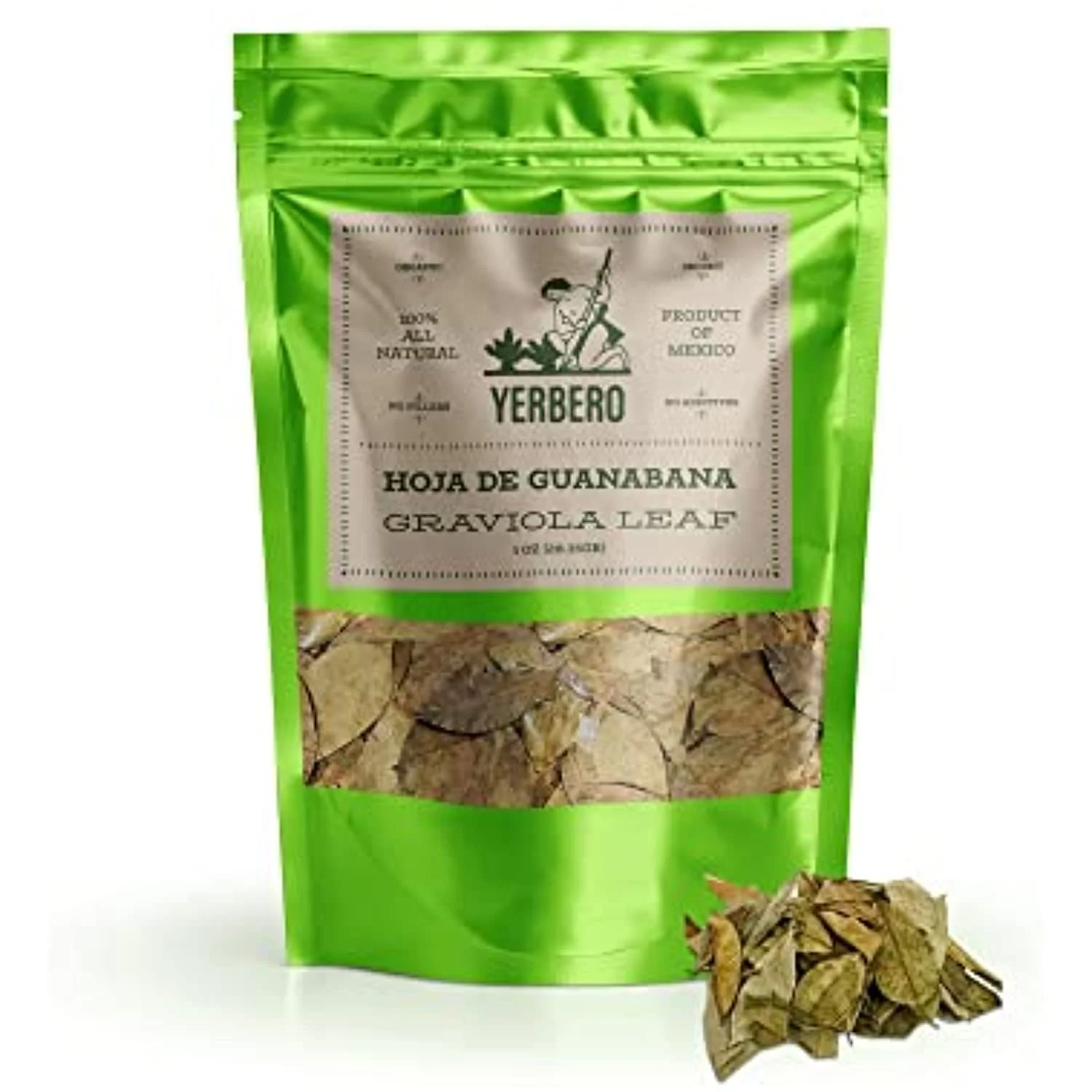 Yerbero - Te Hoja De Guanabana ( Graviola Leaf - Whole Soursop Leaves ) Stand Alone Resealable Bag, Crafted By Nature 100% All Natural Delicious Fresh Tea | From Ensenada Mexico… (5Oz)