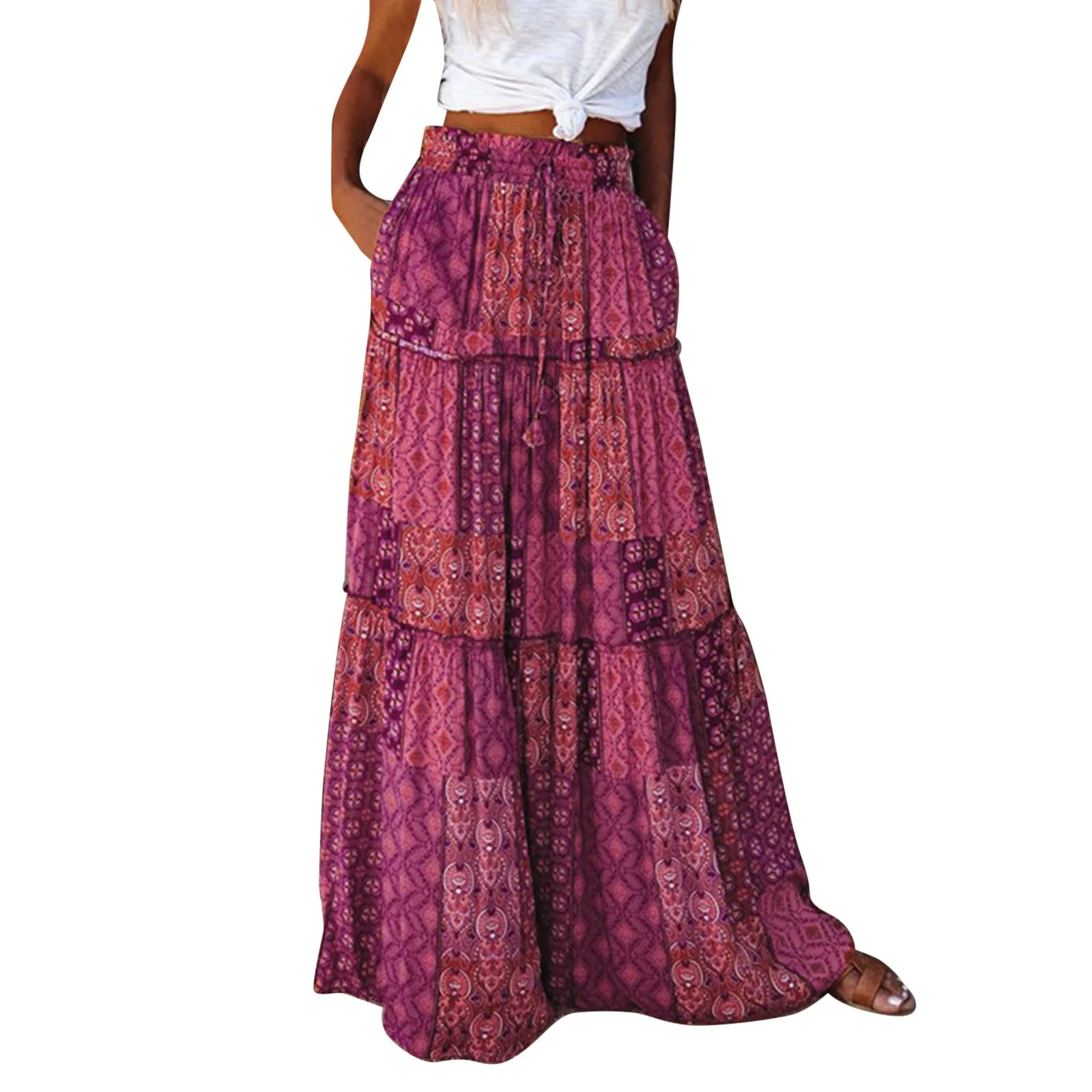Summer Jean Skirt Womens Loose Long Boho Flowers High Elastic Waist With Pockets And Belt Maxi Skirt Pleated Skirt Beach Skirt Casual Skirt Skirt Sets Women Outfits Plus Size