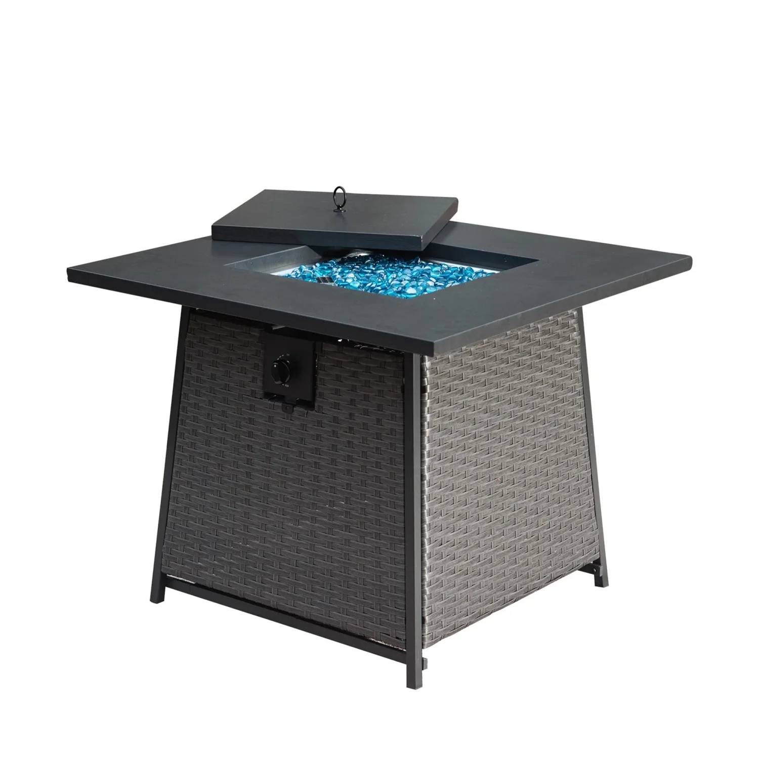ZJbiubiuHome 32 Inch Propane Fire Pits  with Blue Glass  50 000 BTU Outdoor Wicker Fire  with ETL-Certified 2-in-1 Square Steel Gas Firepits (Dark Gray)