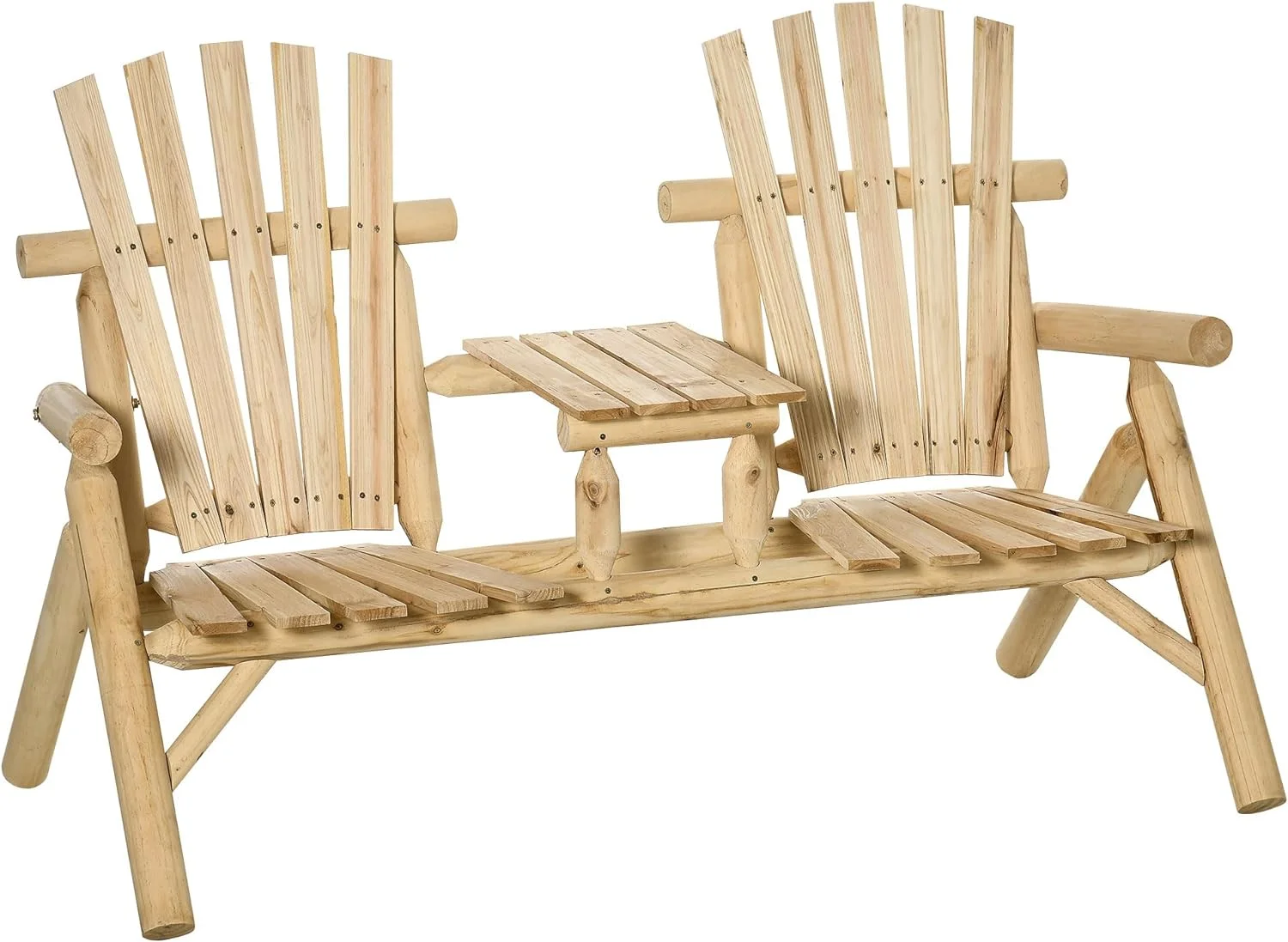 Outsunny 2-Seat Wooden Adirondack Chair, Patio Bench with Table, Outdoor Loveseat Fire Pit Chair for Porch, Backyard, Deck, Natural