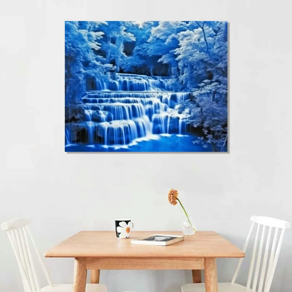 COMIO  Large Waterfall Wall Art Black and White Decor Blue Trees Scenery Canvas Prints Landscape Wall Decor Forest Paintings for Wall Bedroom Living Room Decor Wall Decoration Framed