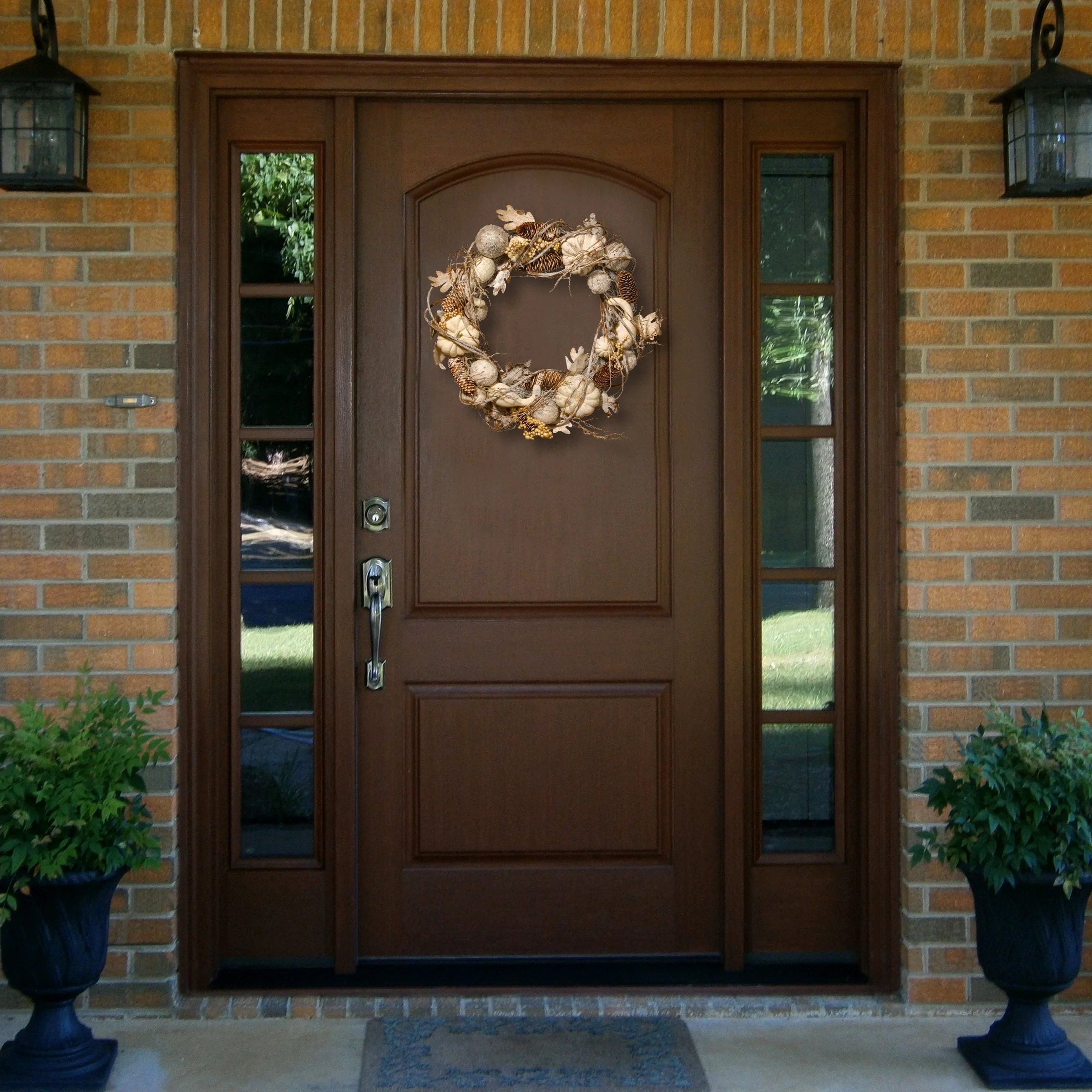 National Tree Company Artificial Autumn Wreath, White, Decorated with Pumpkins, Gourds, Pinecones, Berry Clusters, Ball Ornaments, Oak Leaves, Autumn Collection, 20 in