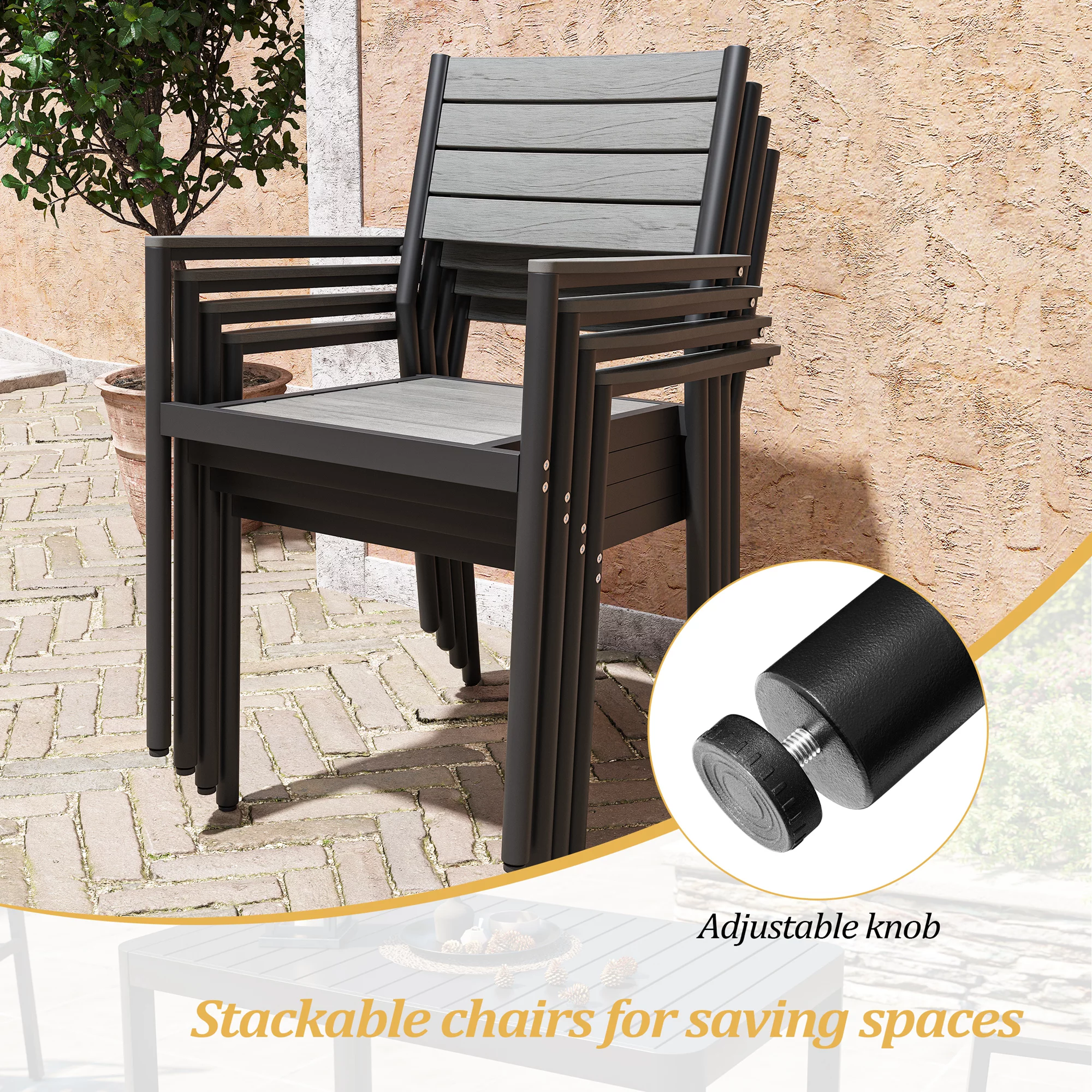 Pellebant 9 Pcs Gray Patio Set 8 Arm Chairs 1 Table with Umbrella Hole