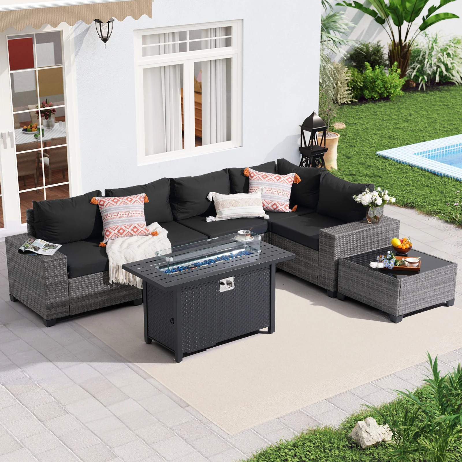 JOIVI 7 Pieces Wicker Patio Furniture Set with 50,000 BTU Gas Fire Pit Table, Outdoor Rattan Sectional Sofa Conversation Set with 45” Fire Pit Table for Deck, Porch, Yard, Black