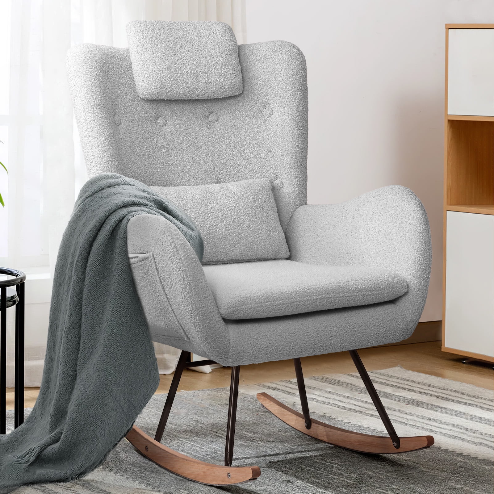 Waleaf Rocking Chair Nursery, Teddy Upholstered Padded Seat Rocking Chair with Headrest, High Backrest Glider Accent Chair for Bedroom, Nursery, Living Room (Light Grey)