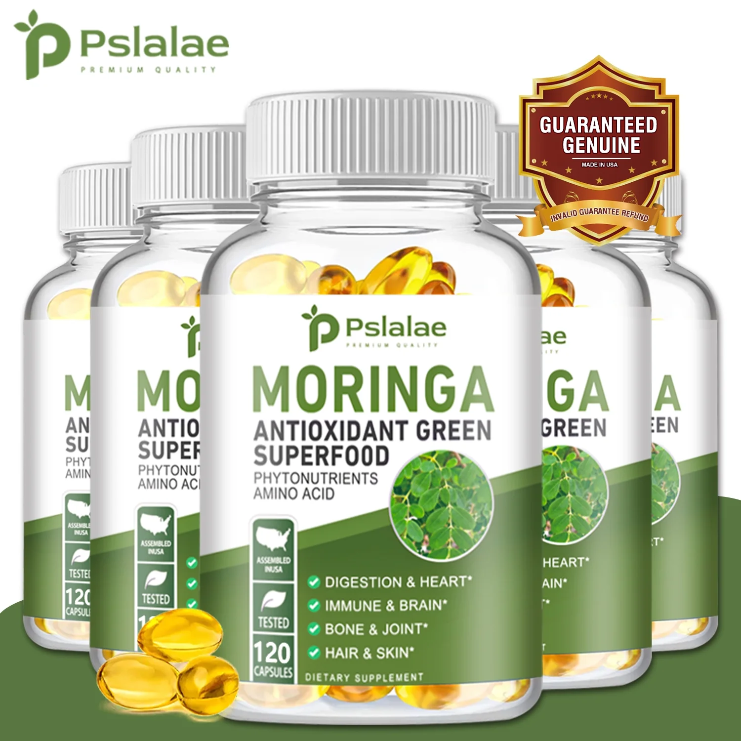 Pslalae Moringa Capsules 1000mg - Promote Metabolism, Digestion, Immune Support 120pcs (1/3/5 Pack)