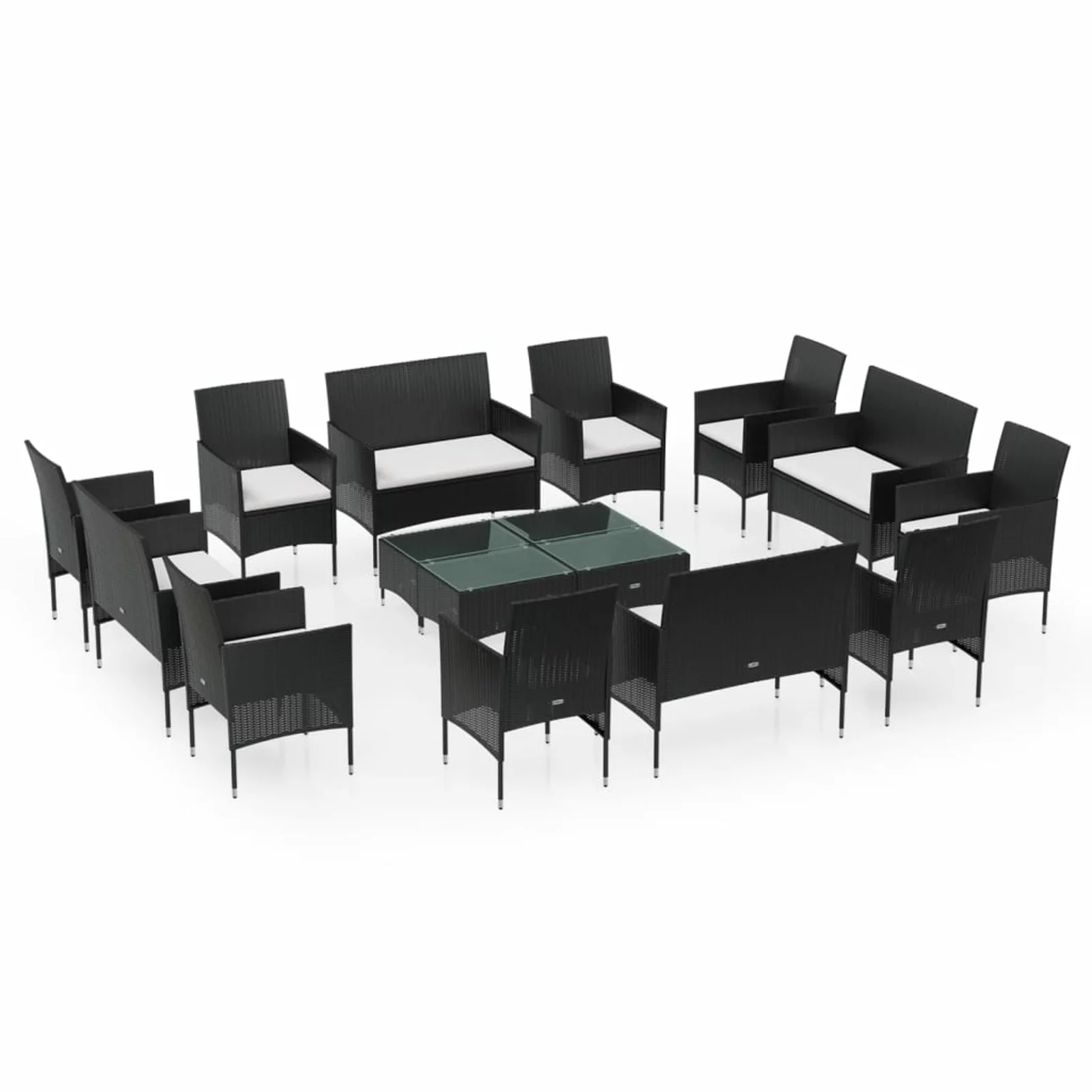 Dcenta 16 Piece Patio Conversation Set Cushioned 4PSC 2-Seater Sofa with 8 Armchair and 4 Tables Black Poly Rattan Sectional Outdoor Furniture Set for Garden, Backyard, Balcony
