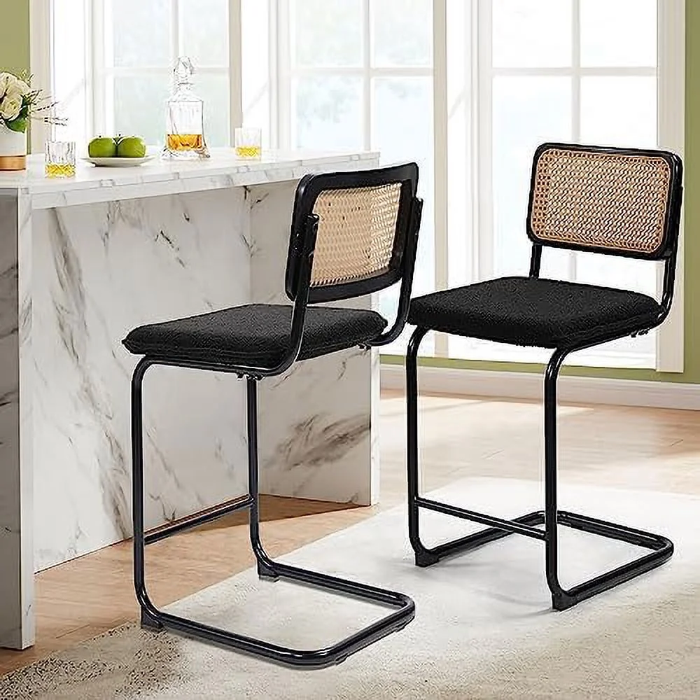 ASDRFYU Modern Cesca Cane Dining Chairs    Handwoven Rattan Cane Back  Chrome Base  Upholstered Boucle Seat  Ideal for Kitchen or Dining Room  Black