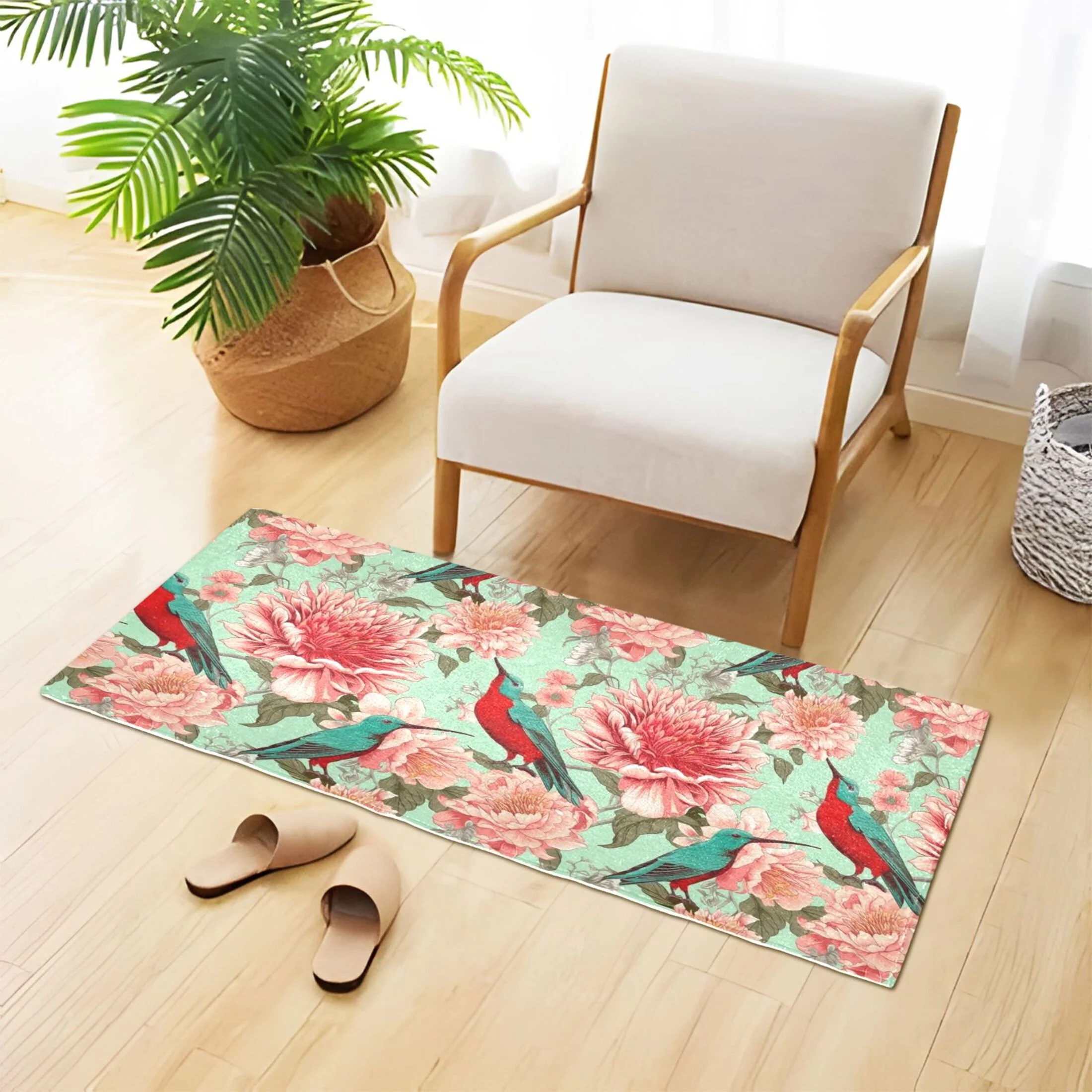 Birds and Peony Flowers Luxury Kitchen Rug Non Slip Bathroom Plush Mat Shaggy Bedroom Carpet 39