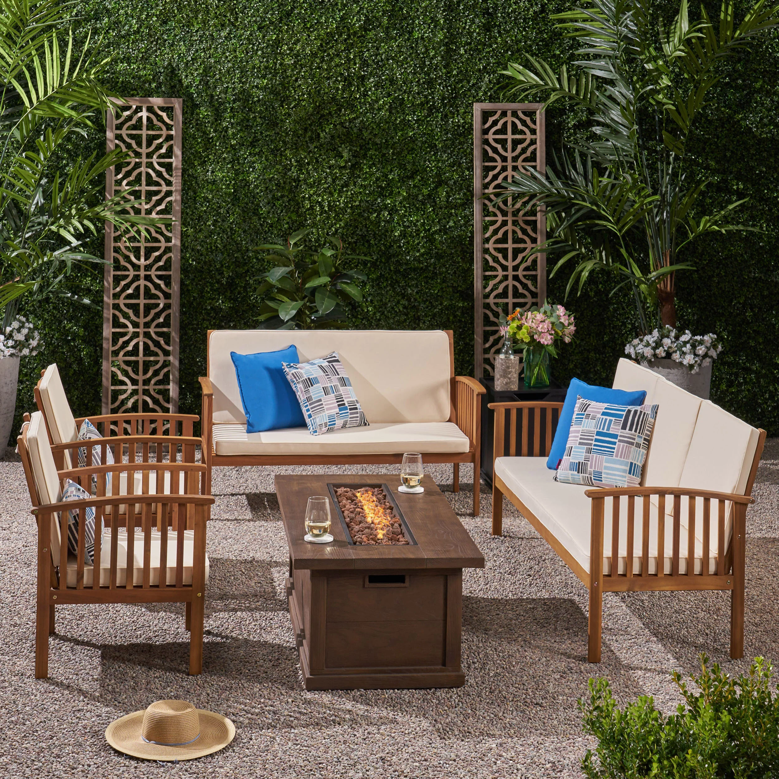 GDF Studio Navan Outdoor Acacia Wood 7 Seater Sofa and Loveseat Chat Set with Fire Pit, Teak, Cream, and Brown