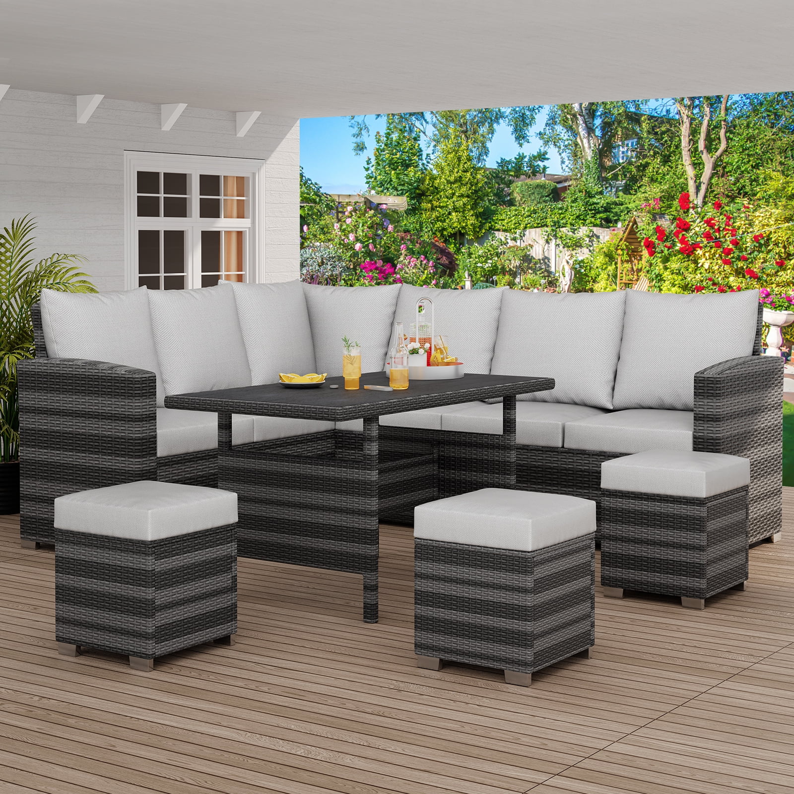GAOMON 7 Pieces Patio Furniture Sets,Outdoor Dining Set All Weather Wicker Rattan Table and Ottomans,Sectional Sofa Conversation Set Gray