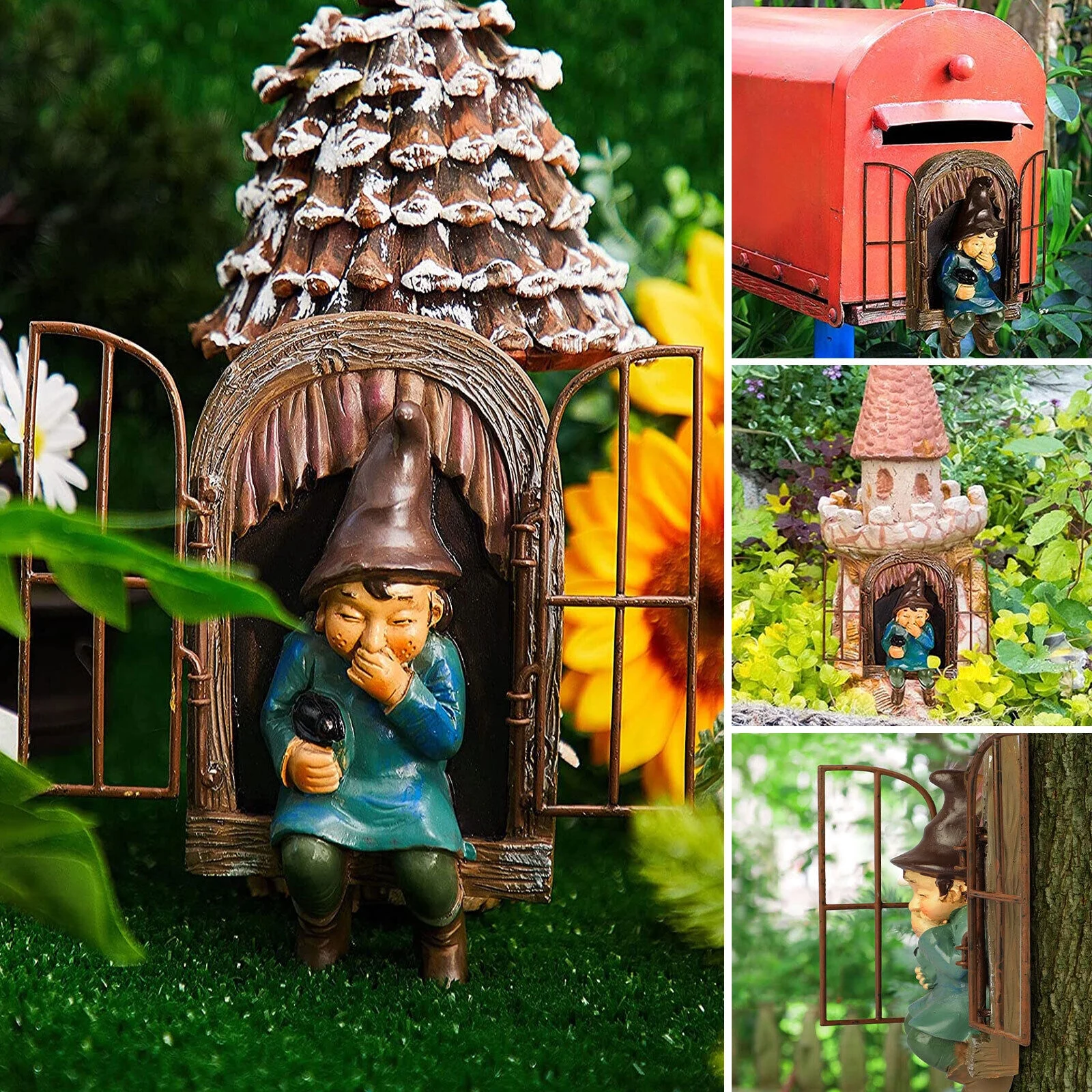 Resin Garden Gnome Dwarf Statue Dollhouse Outdoor Lawn Tree Yard Decor Sculpture