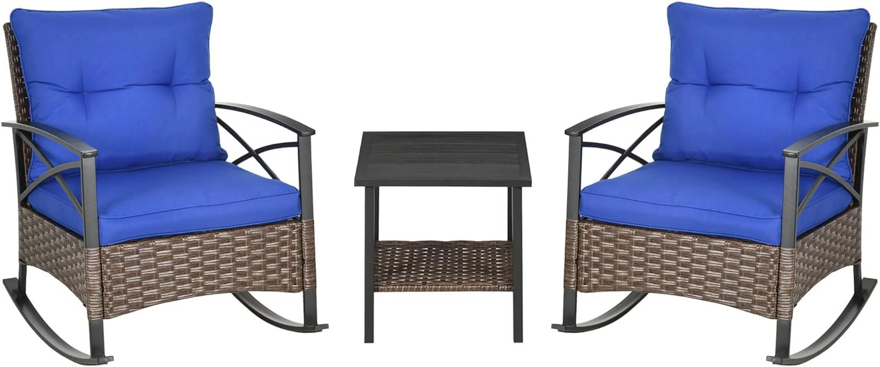 3 Piece Patio Rocking Chair Set, Outdoor Wicker Bistro Set with 2 Cushioned Porch Rockers and 2 Tier Coffee Table for Garden, Porch, Backyard, Blue