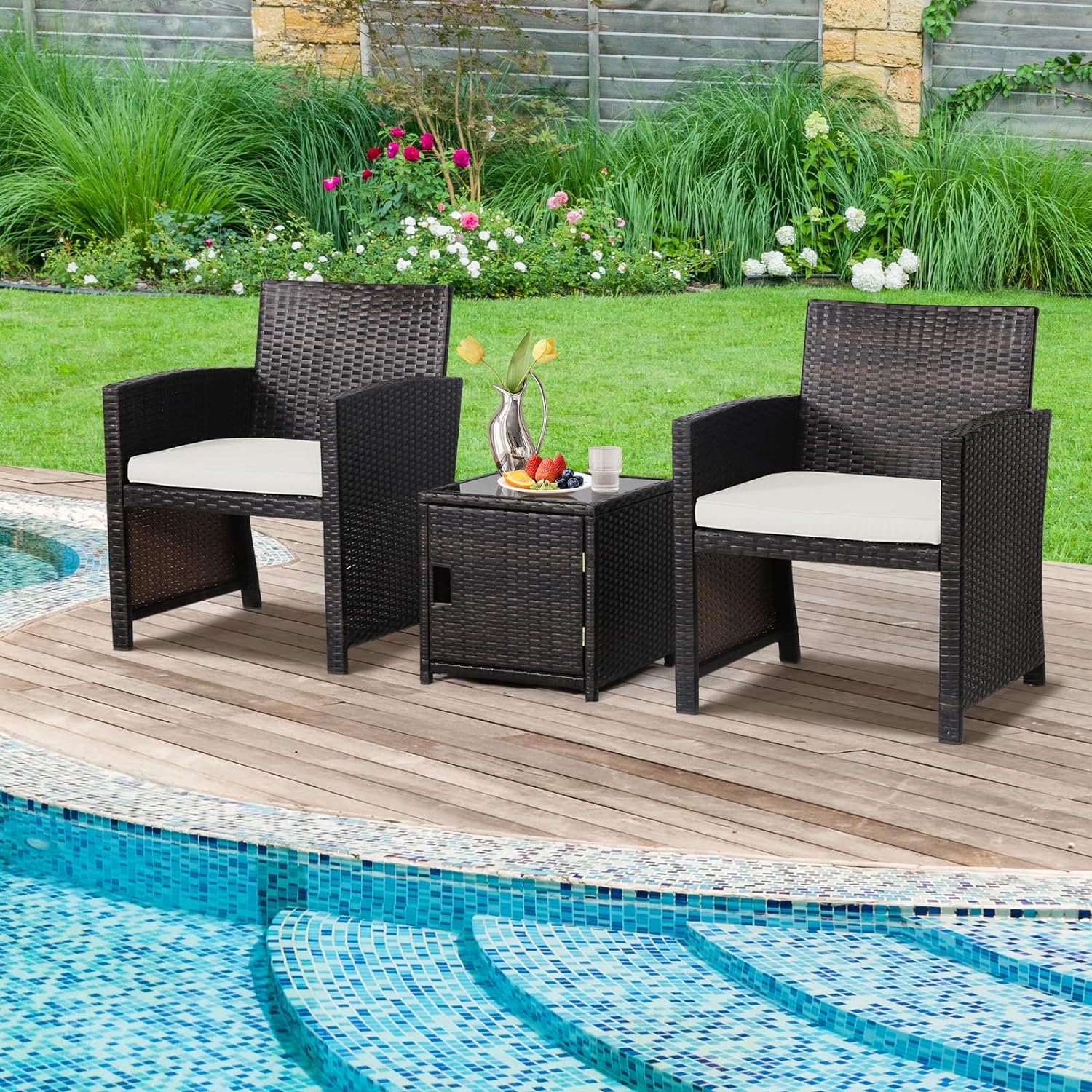 Dina 3 Pieces Outdoor Wicker Conversation Set with Waterproof Cover  2 Patio PE Rattan Cushioned Chairs with Side Storage Table  Suitable for Front Porch  Balcony  Garden  Poolside and Ya