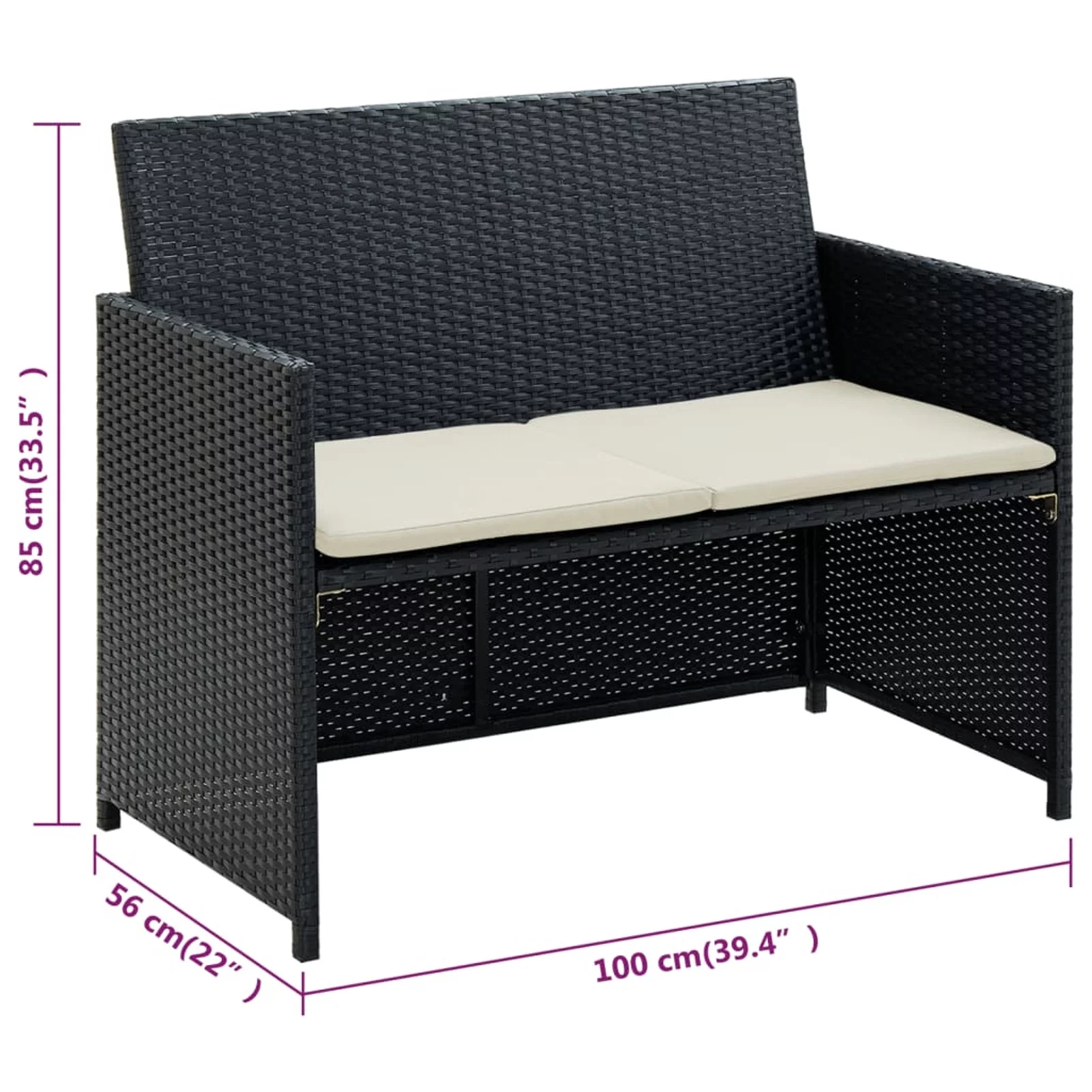 Carevas 2 Seater Patio Sofa with Cushions Black Poly Rattan