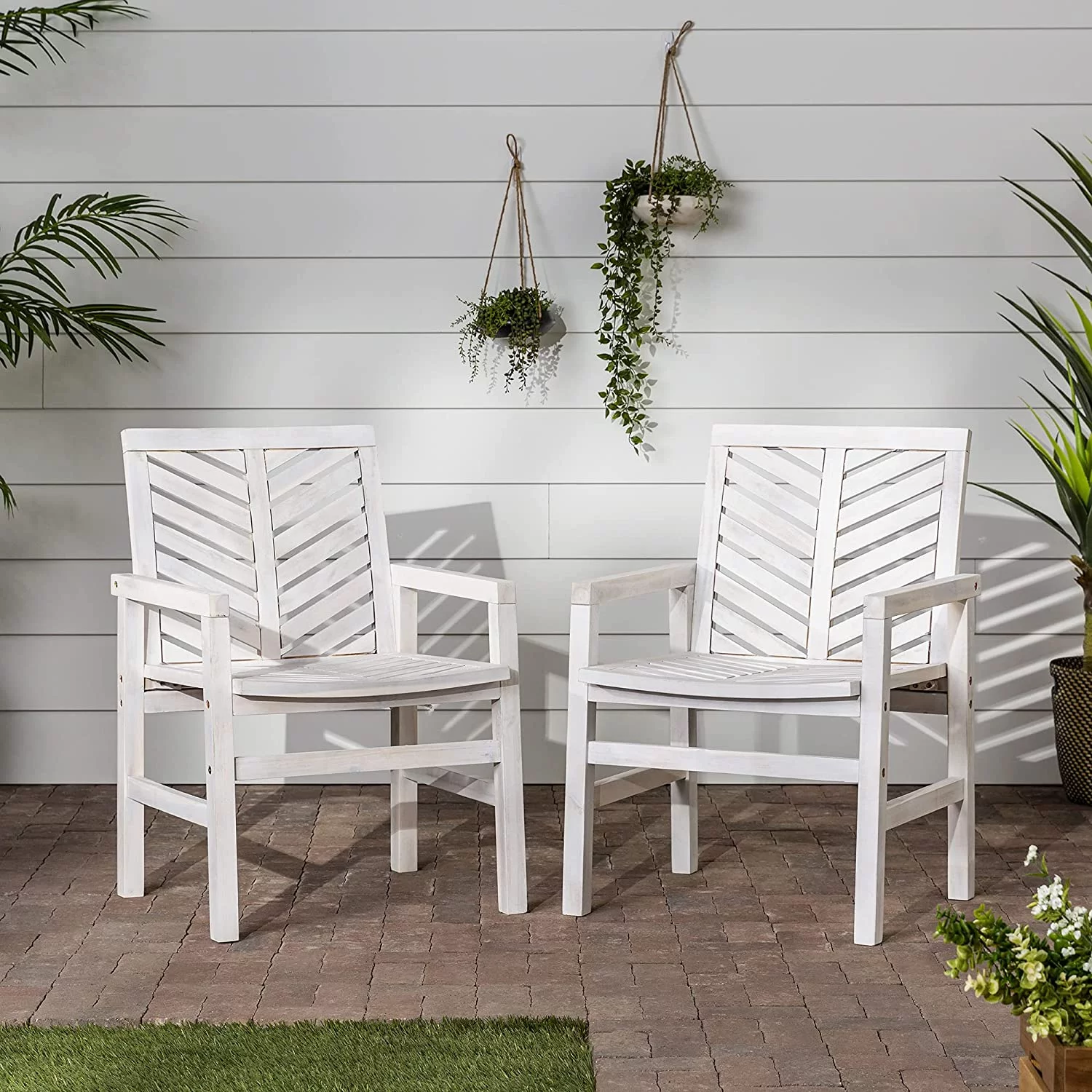 Chevron Solid Acacia Wood Outdoor Chair, White Wash