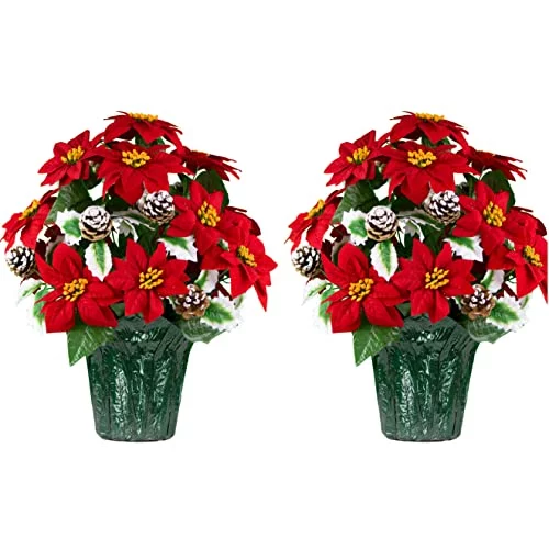 Artificial  Poinsettia & Pinecones Flower Bouquet – 5 Lbs Weighted – 18