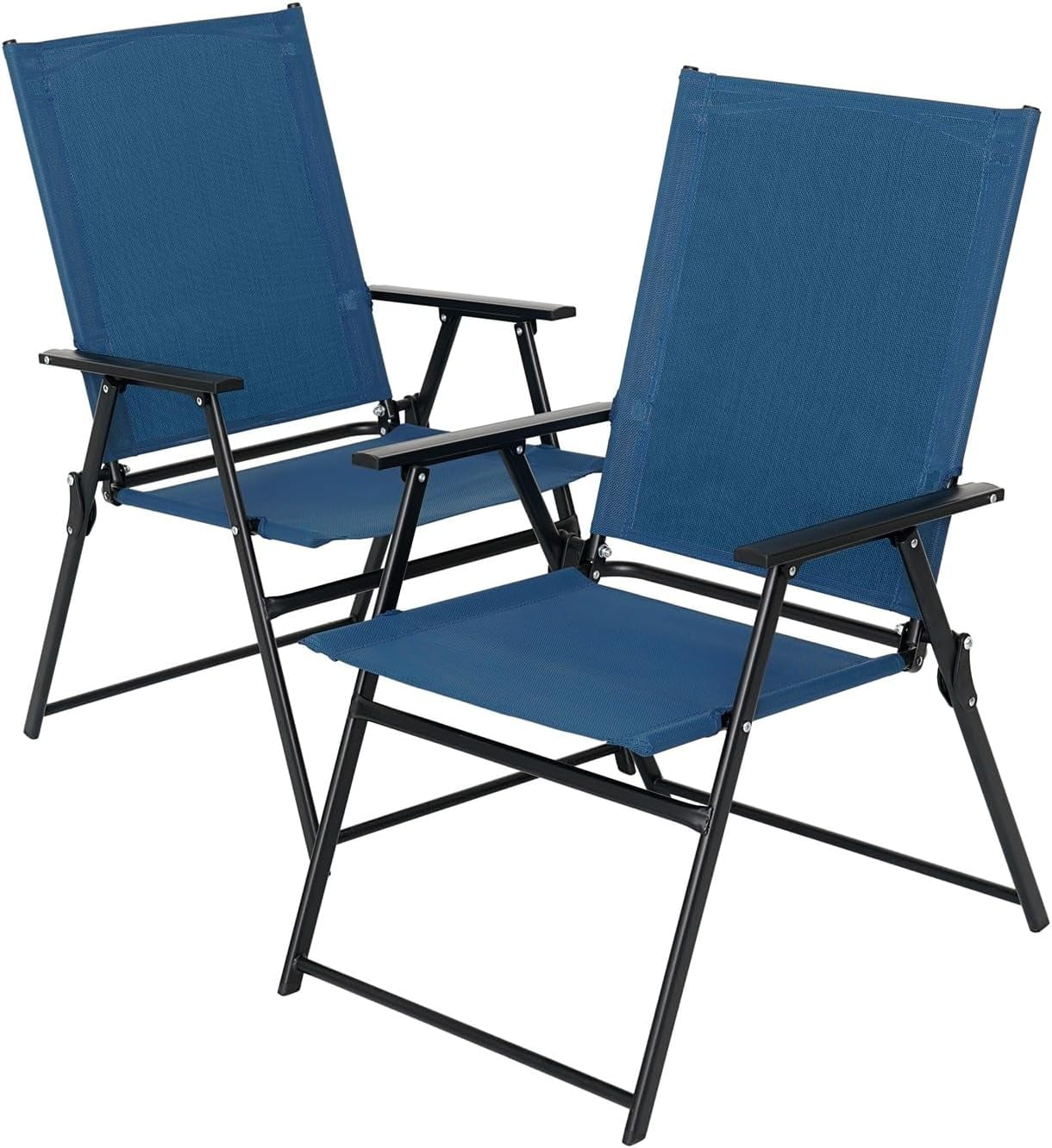 2 Pcs Folding Patio Chairs, Outdoor Dining Chairs with Blue Sling High Back and Armrests Used for Camping Garden Backyard Pool Porch