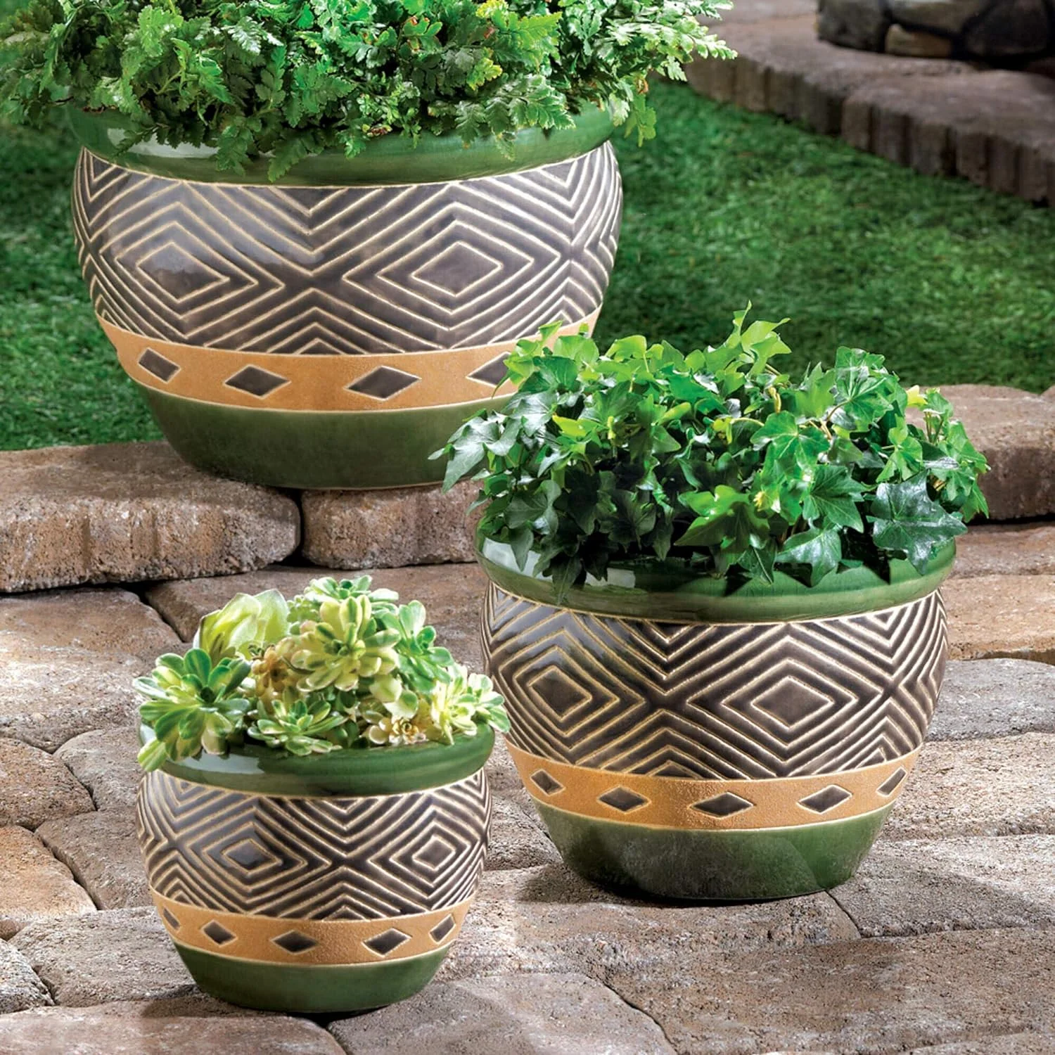 3Pc Ceramic Jade Garden Planters Flower Plant Set