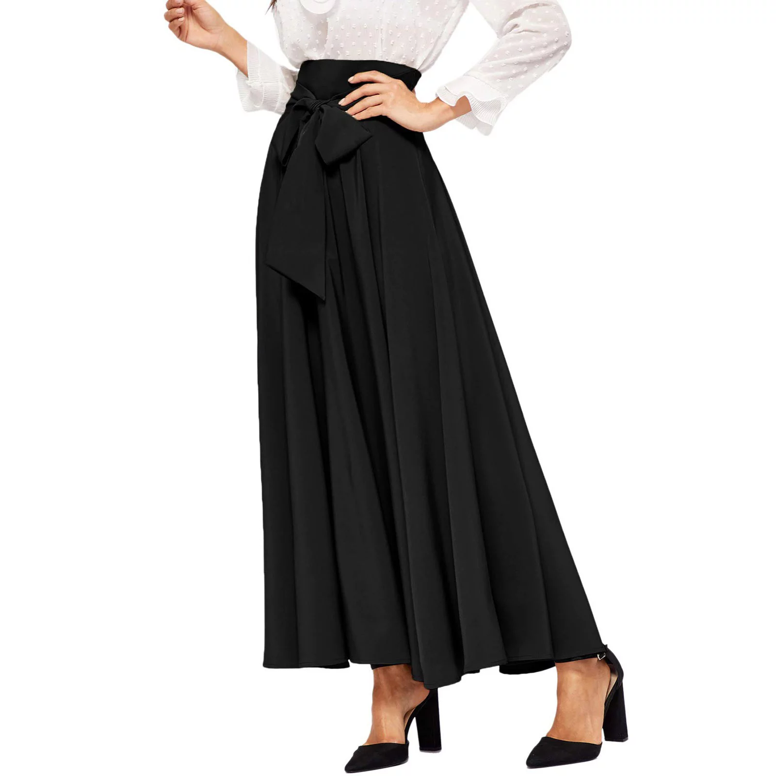 Winter Skater Skirt Women'S Elegant High Waist Skirt Tie Front Pleated Maxi Skirts Skirt Hangers Wood