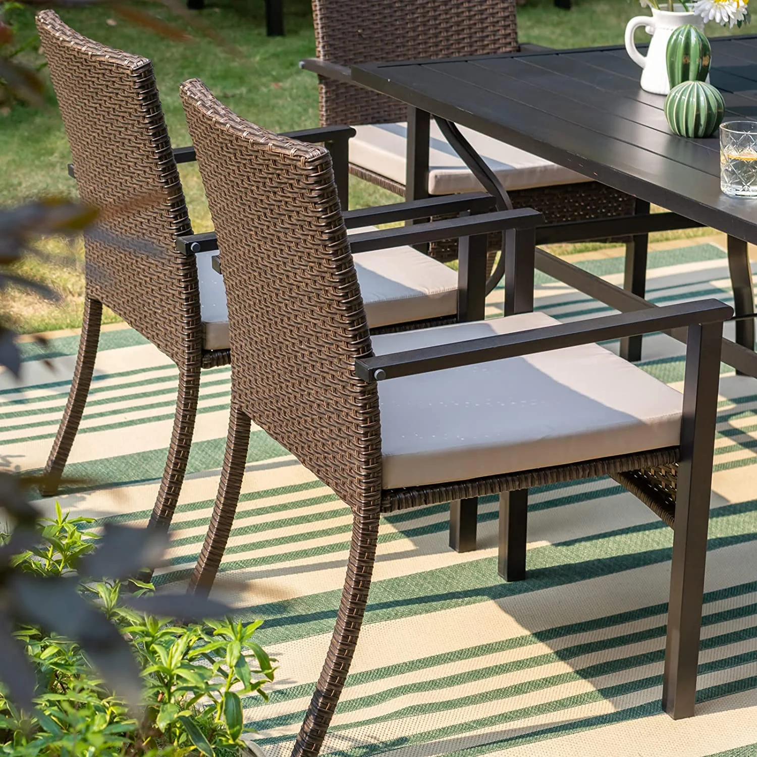 & William Outdoor 6 Pieces Dining Set with 4 Rattan Chairs  1 Metal Table and 1 10ft 3 Tier Auto-tilt Umbrella(No Base) Orange Red  Modern Patio Furniture for Poolside  Porch  Patio