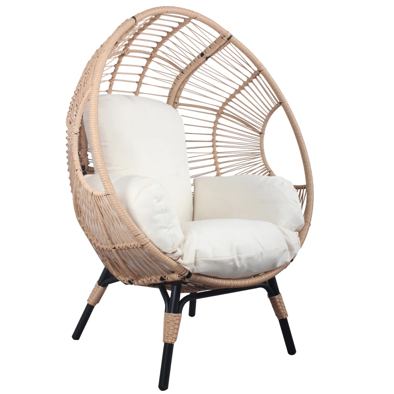 Set of 3 Stylish Patio Egg Chairs (Model 2) with Side Table  Elegant Natural Color PE Rattan and Soft Beige Cushion included for Comfort and Style