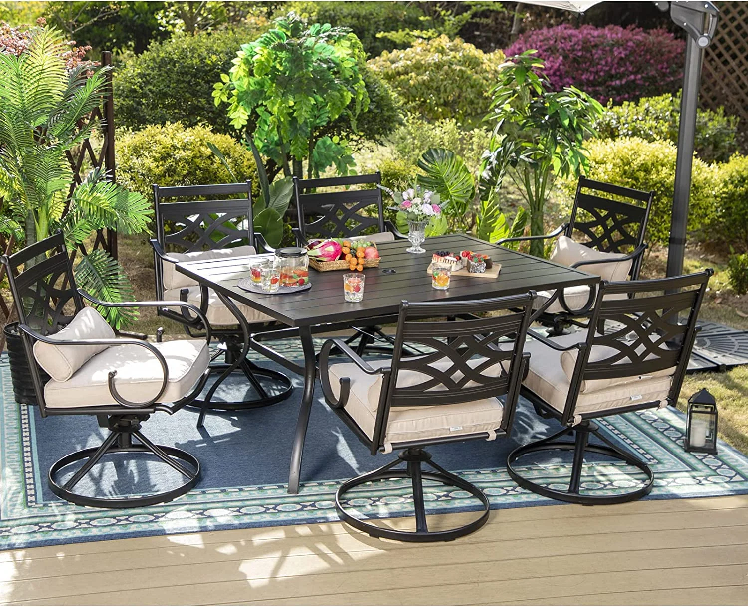 7 Pieces Heavy Duty Metal Patio Dining Sets with 6 Swivel Chairs (Cushion Included) and 1 Rectangular Metal Table with Umbrella Hole  Outdoor Furniture for 6