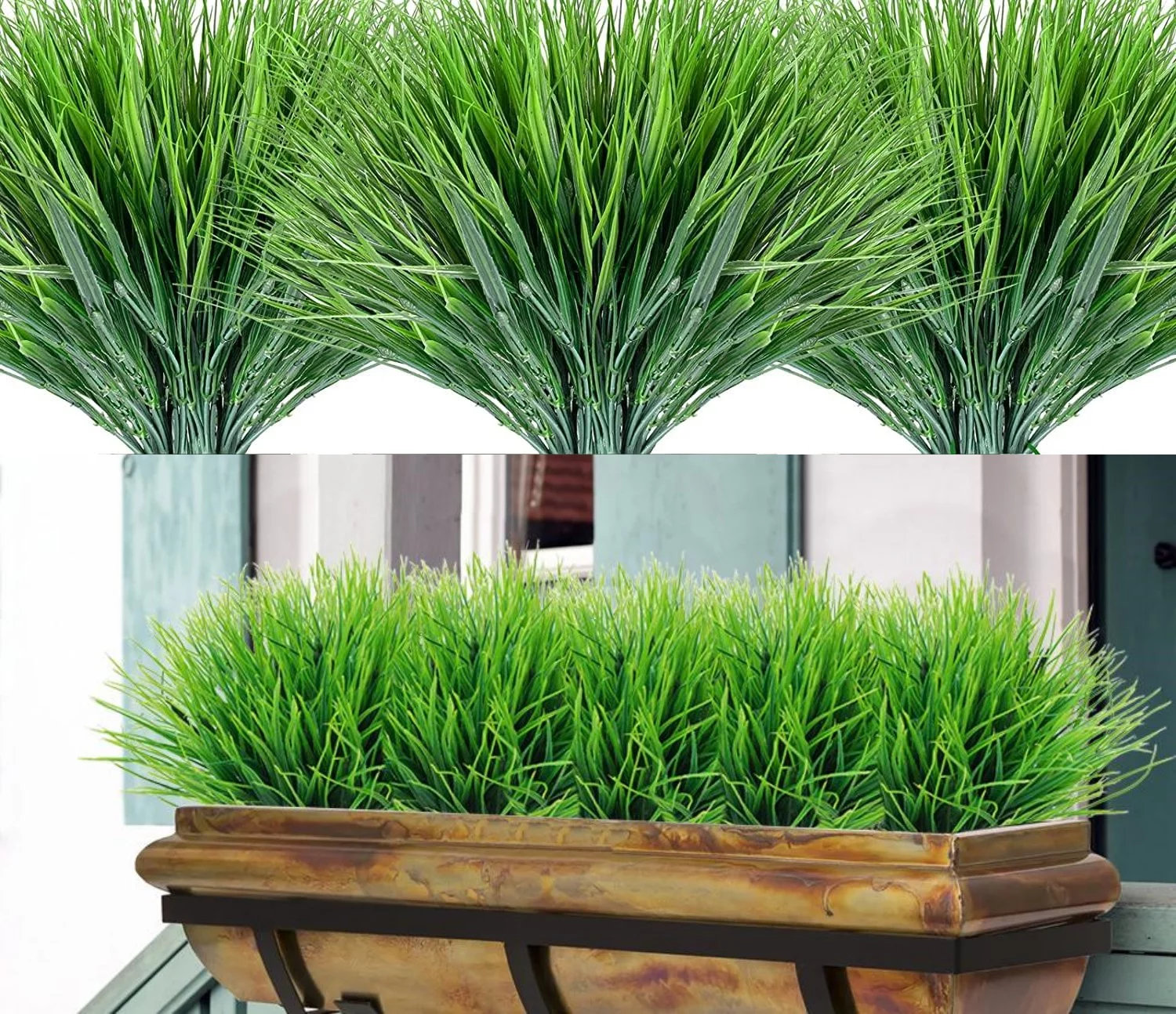 10 Bundles Artificial Grass Outdoor Green Plastic Wheat Plants Fake Grass Faux Greenery Shrubs Faux Tall Grass Plant Decor for Spring Garden Porch Window Box Home Decoration