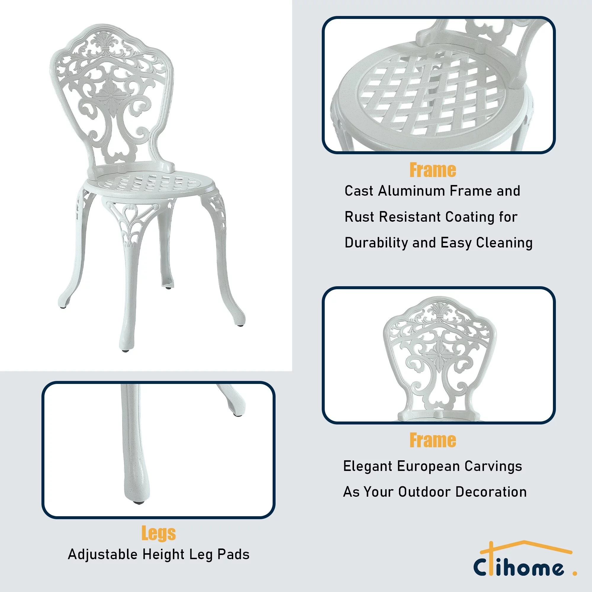 Clihome  Patio Cast Aluminum Bistro Chair with Flower Design (Set of 2) White