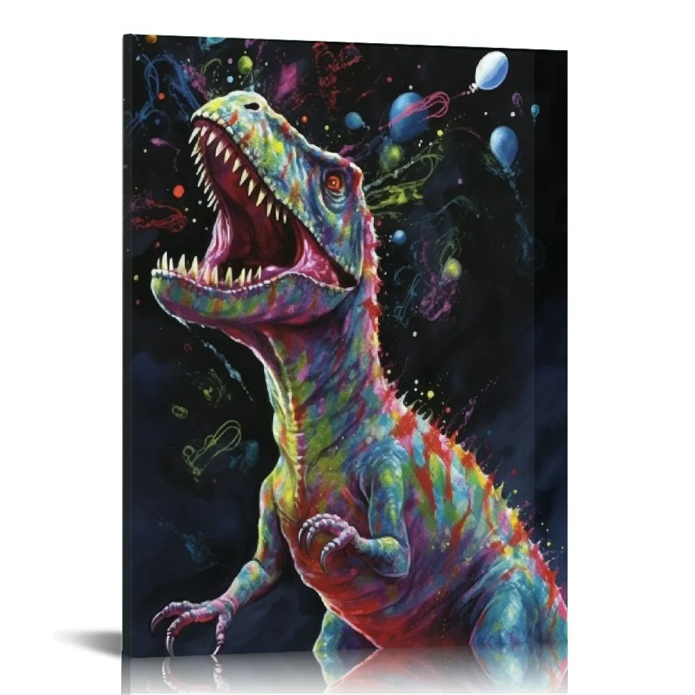 HENGT  Canvas Painting Wall Decor-Cool Bubble Dinosaur Colorful Animal Black Pattern,Wall Art Print Paintings for Home/Living Room/Bedroom Decor Single Panel